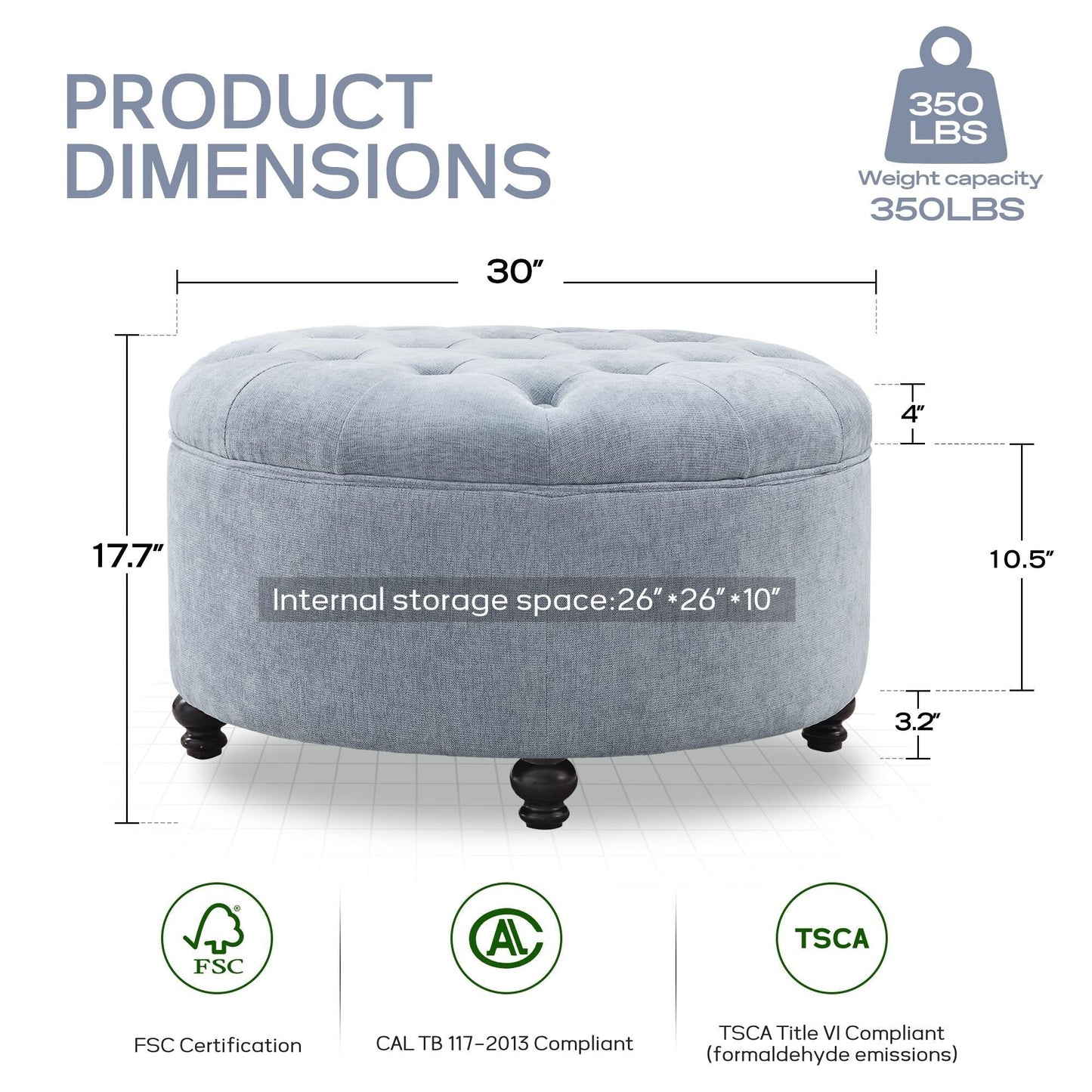 Tufted Large Round Storage Ottoman Footrest Beige/ Grey/ Blue