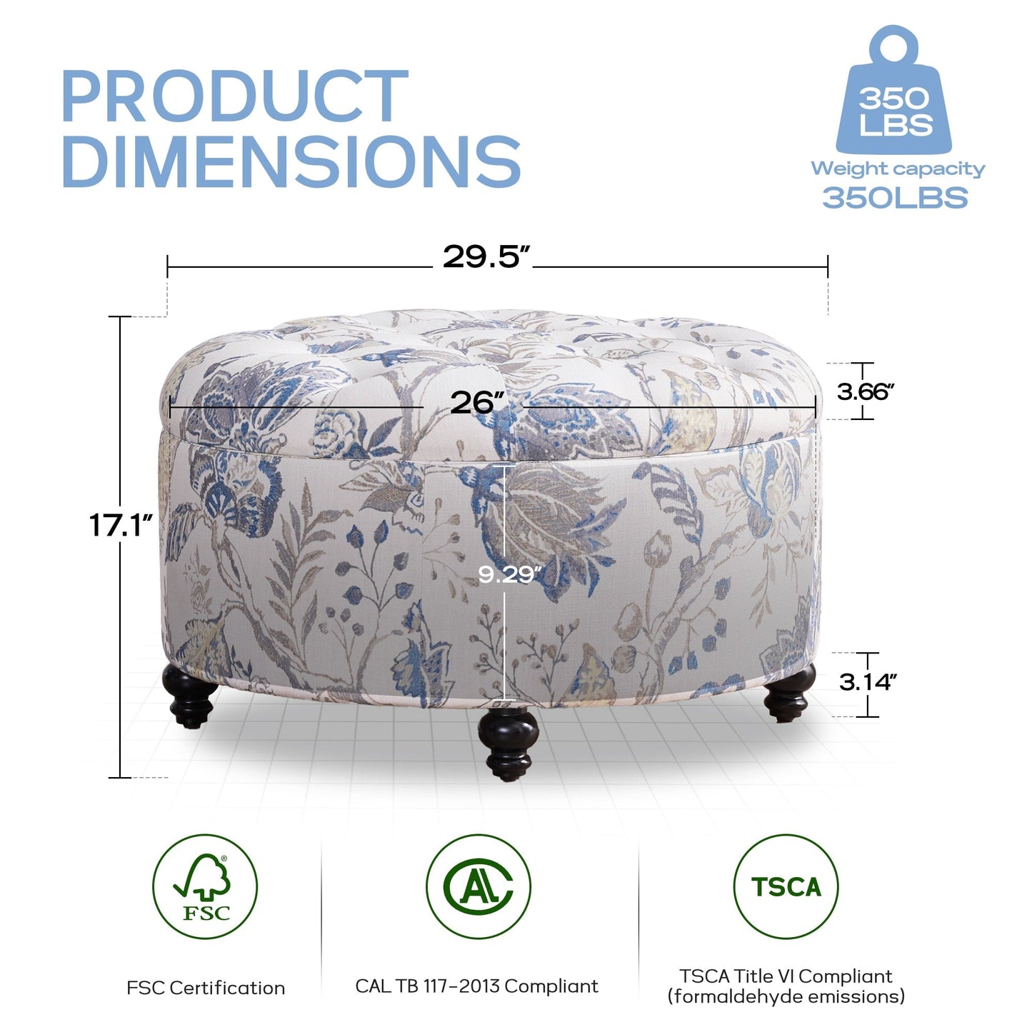 Tufted Large Round Storage Ottoman Footrest Beige/ Grey/ Blue