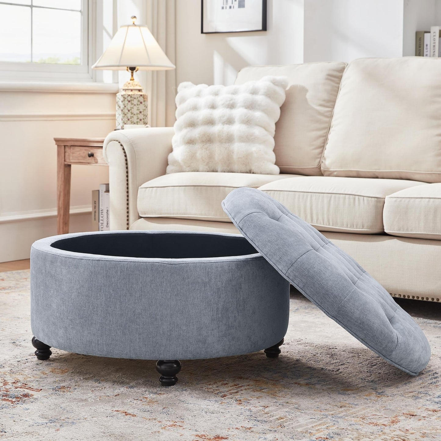 Tufted Large Round Storage Ottoman Footrest Beige/ Grey/ Blue