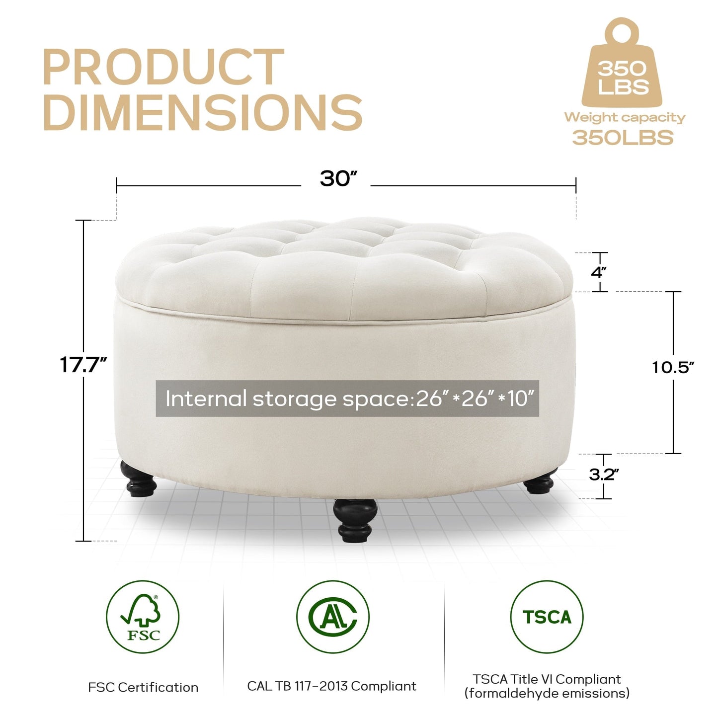 Tufted Large Round Storage Ottoman Footrest Beige/ Grey/ Blue