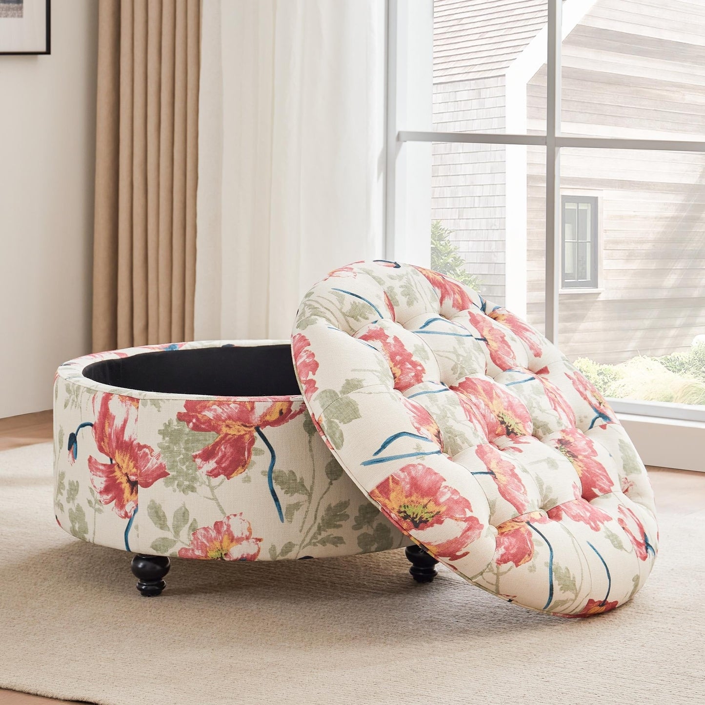 Tufted Large Round Storage Ottoman Footrest Beige/ Grey/ Blue