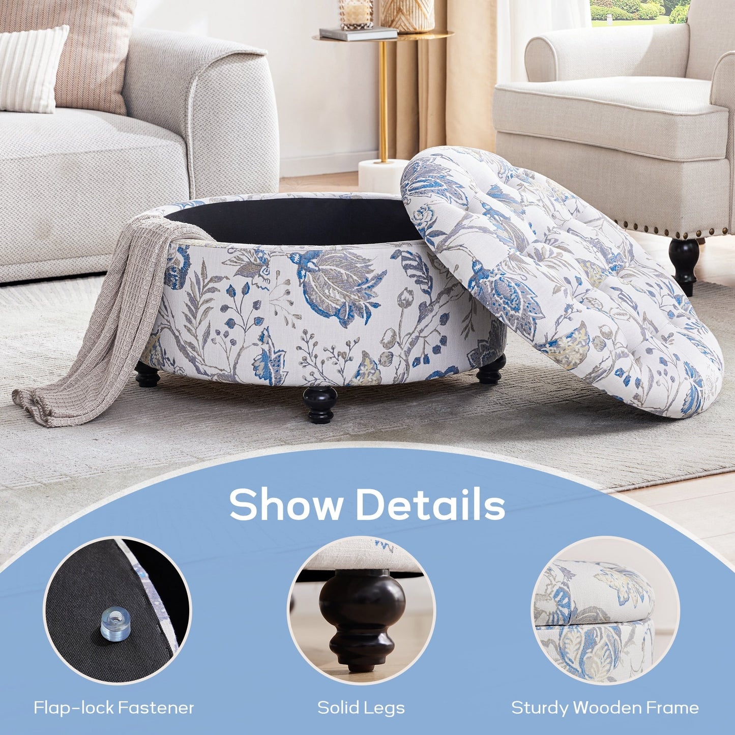 Tufted Large Round Storage Ottoman Footrest Beige/ Grey/ Blue