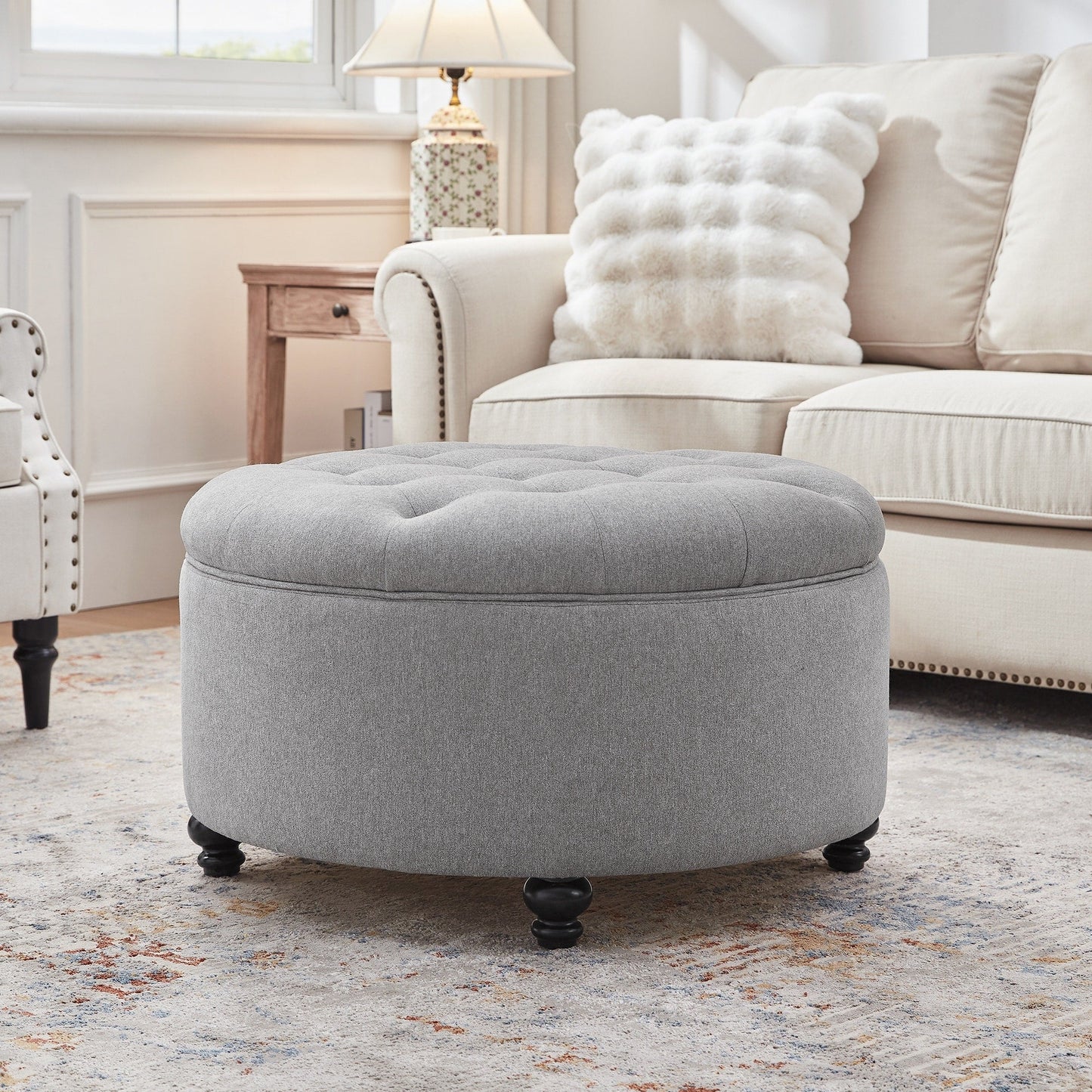 Tufted Large Round Storage Ottoman Footrest Beige/ Grey/ Blue