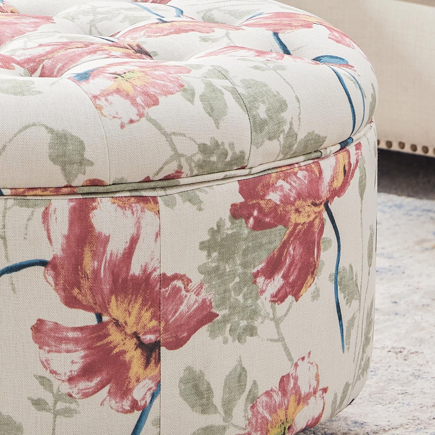 Tufted Large Round Storage Ottoman Footrest Beige/ Grey/ Blue