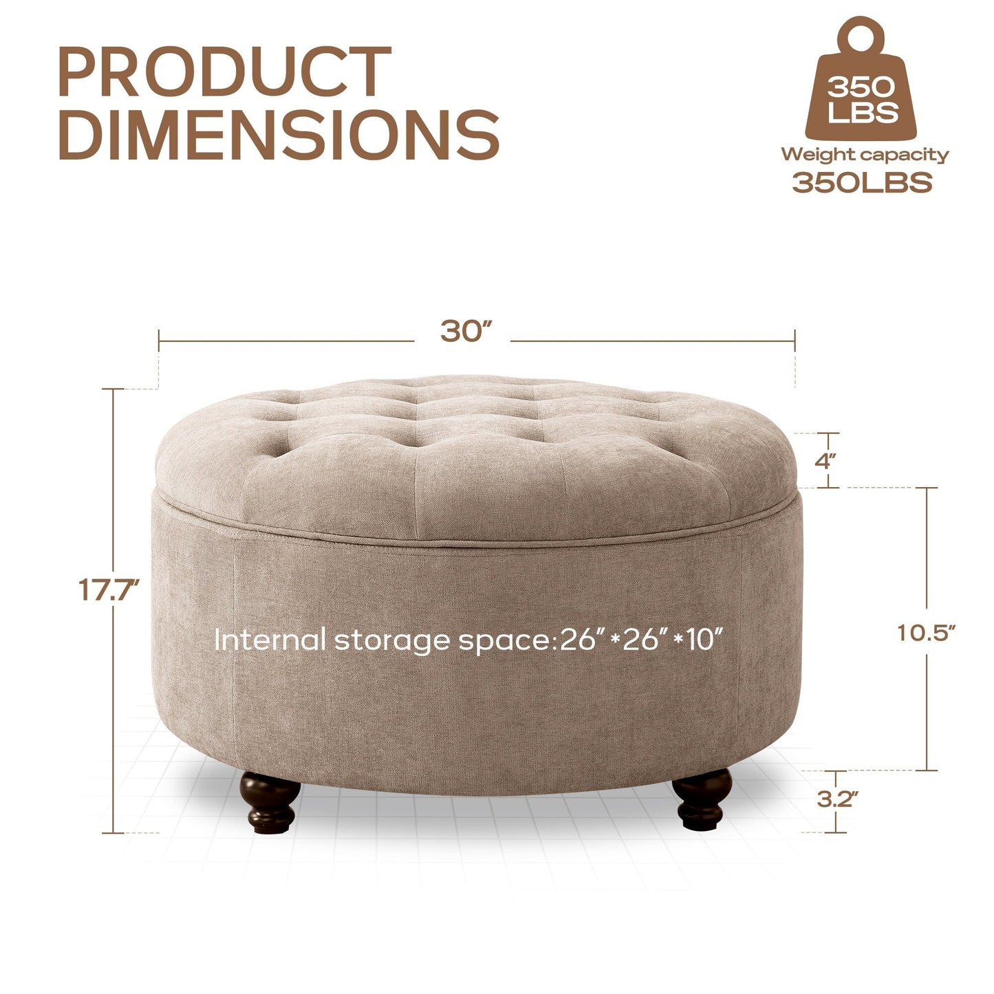 Tufted Large Round Storage Ottoman Footrest Beige/ Grey/ Blue