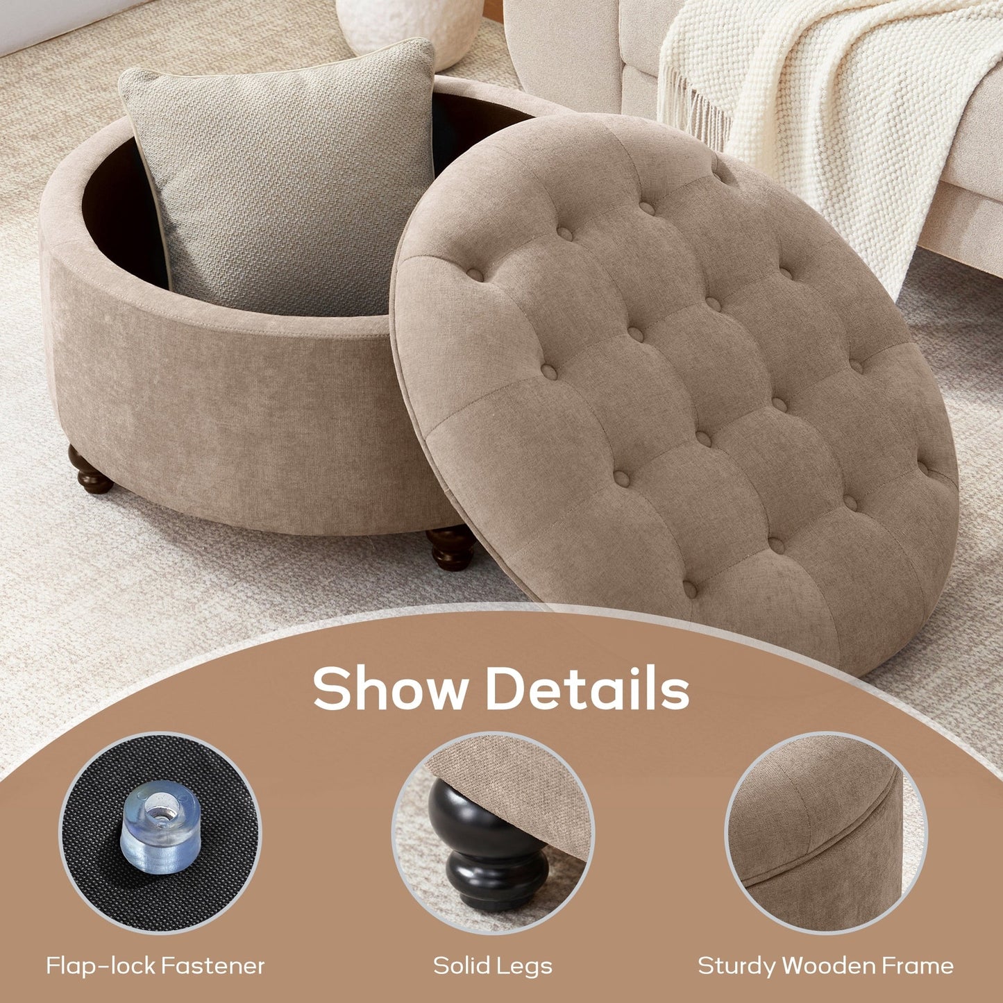Tufted Large Round Storage Ottoman Footrest Beige/ Grey/ Blue