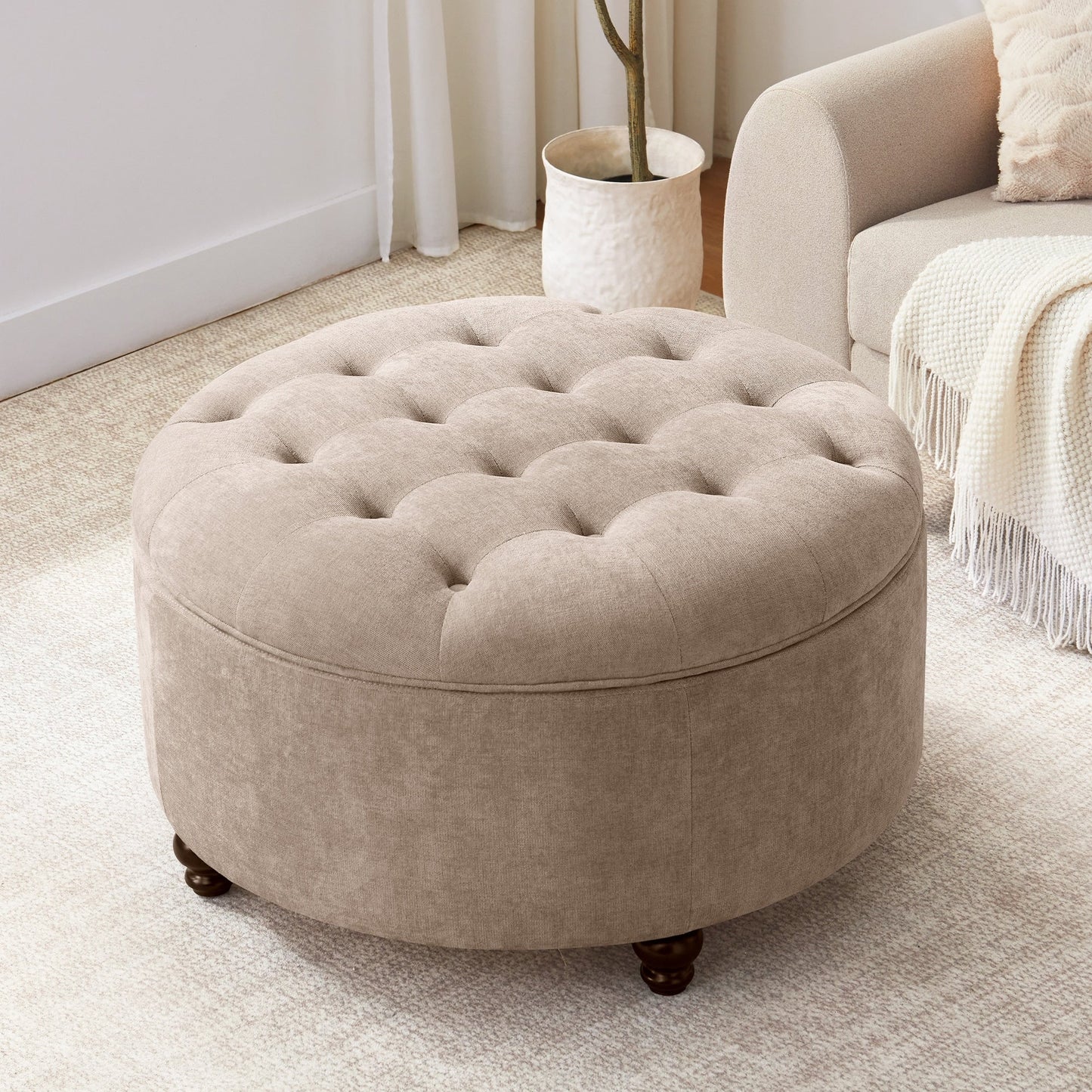 Tufted Large Round Storage Ottoman Footrest Beige/ Grey/ Blue
