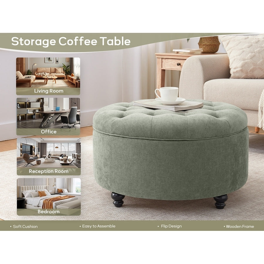 Tufted Large Round Storage Ottoman Footrest Beige/ Grey/ Blue
