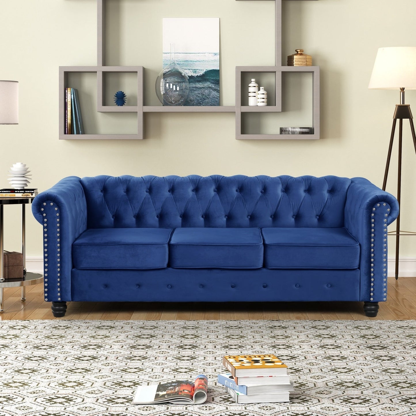 Canapé Chesterfield rembourré en velours Morden Fort avec tête de clou et pieds solides pour le salon