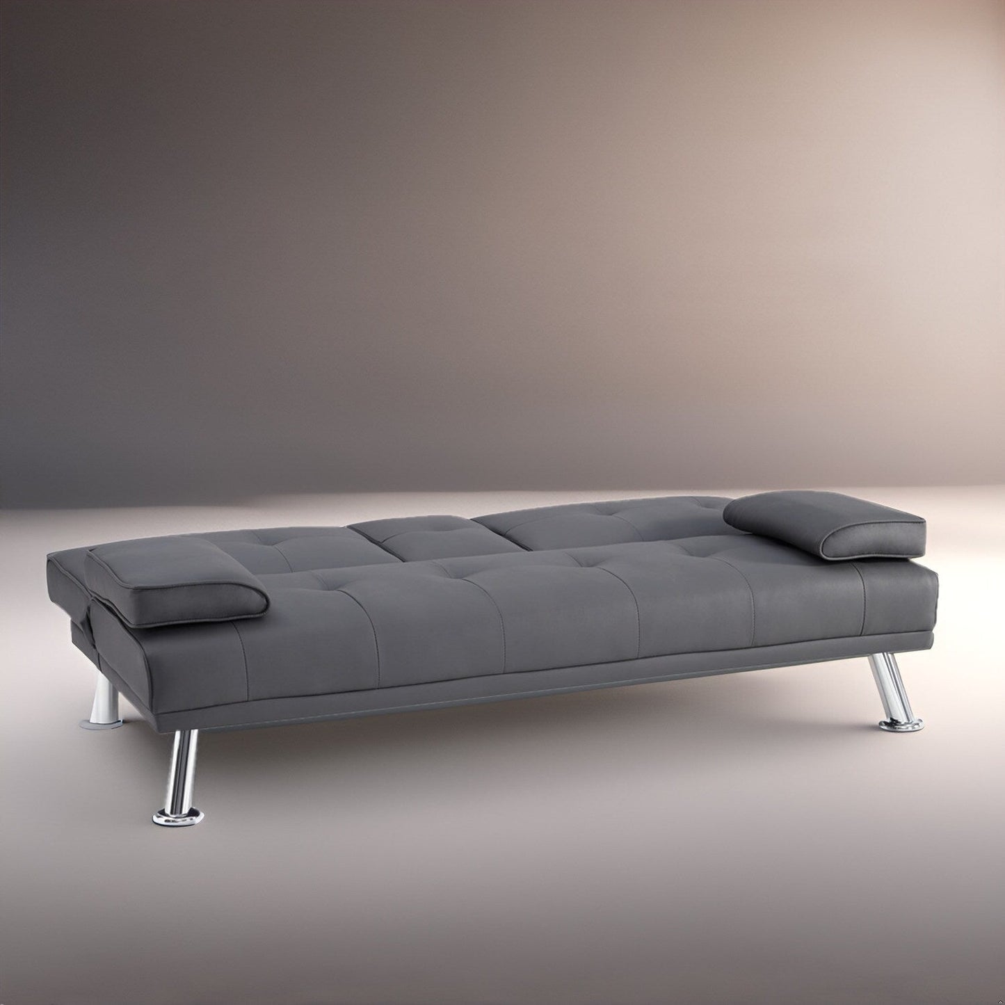 Collection ultime de canapés futons : canapé futon avec accoudoirs et porte-gobelets, canapé capitonné à boutons avec pieds en bois