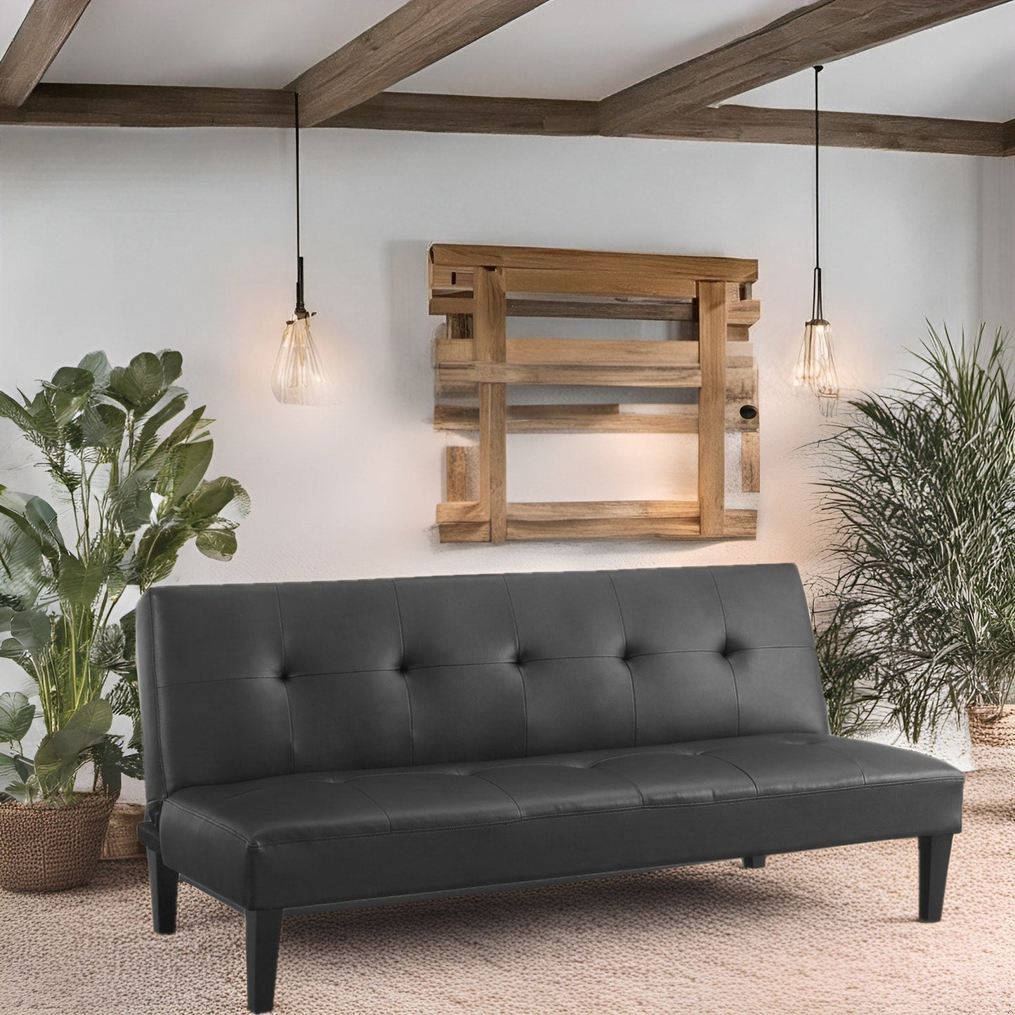 Collection ultime de canapés futons : canapé futon avec accoudoirs et porte-gobelets, canapé capitonné à boutons avec pieds en bois