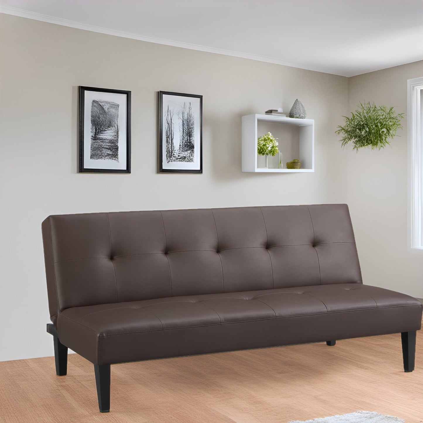 Collection ultime de canapés futons : canapé futon avec accoudoirs et porte-gobelets, canapé capitonné à boutons avec pieds en bois