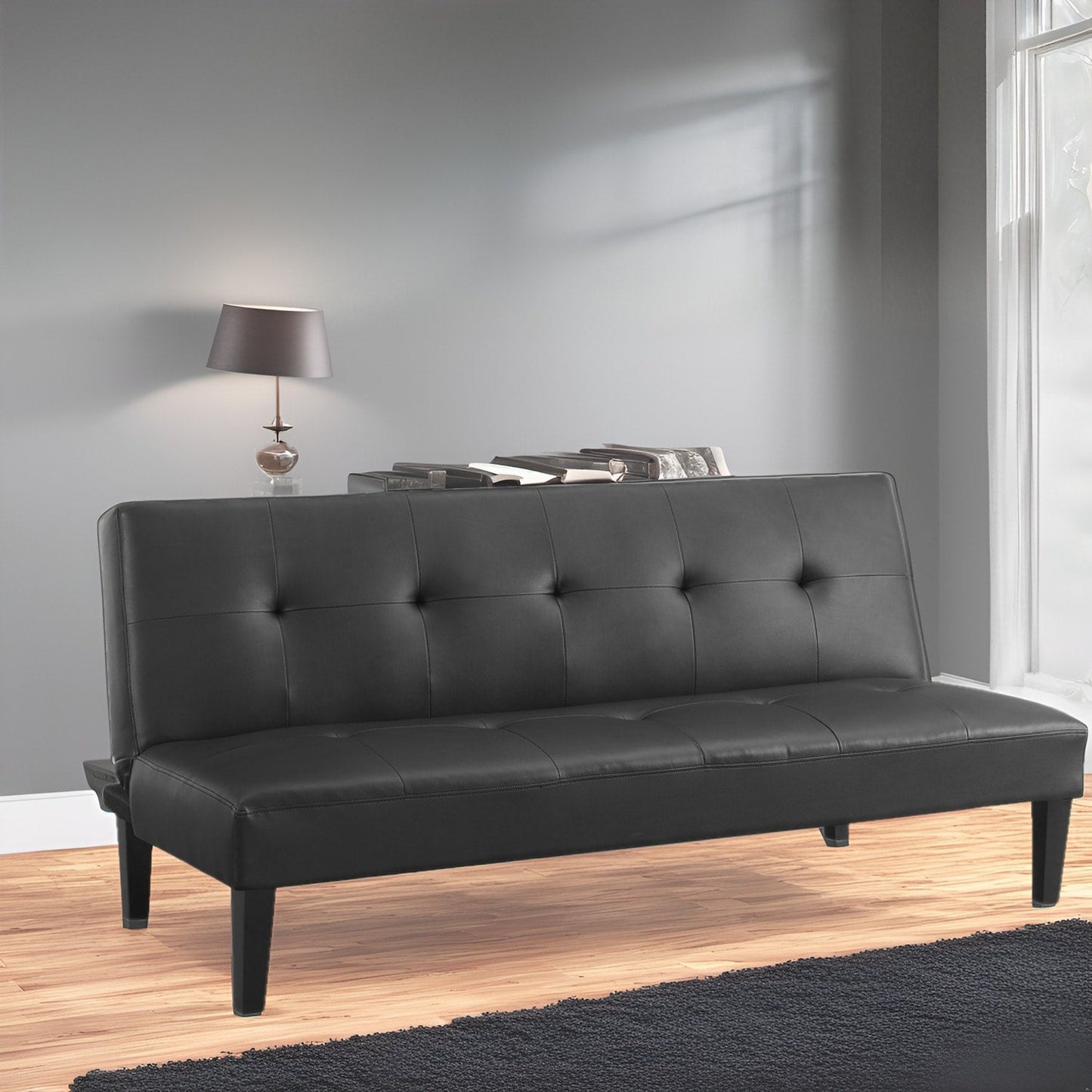 Collection ultime de canapés futons : canapé futon avec accoudoirs et porte-gobelets, canapé capitonné à boutons avec pieds en bois