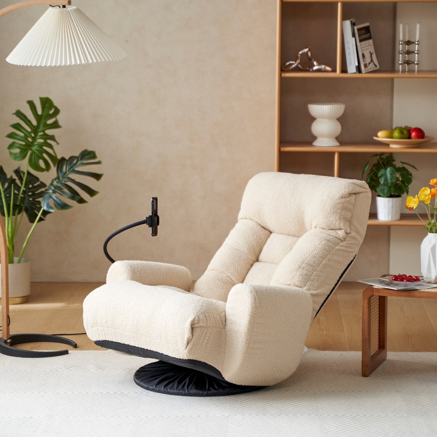 Fauteuil inclinable manuel pivotant à 360° avec support pour téléphone portable, appui-tête et dossier réglables
