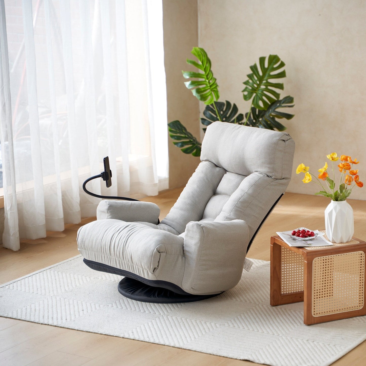 Fauteuil inclinable manuel pivotant à 360° avec support pour téléphone portable, appui-tête et dossier réglables