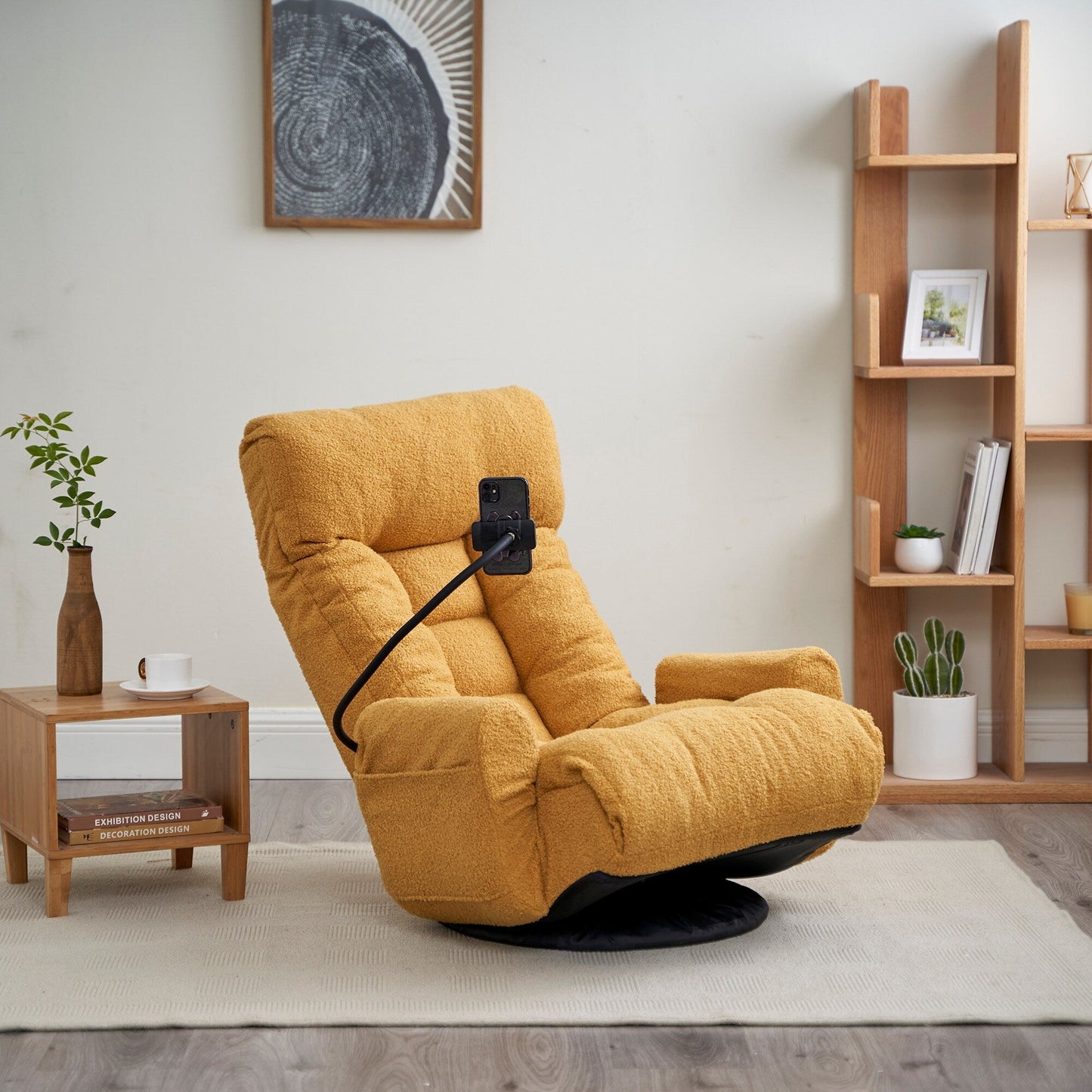 Fauteuil inclinable manuel pivotant à 360° avec support pour téléphone portable, appui-tête et dossier réglables