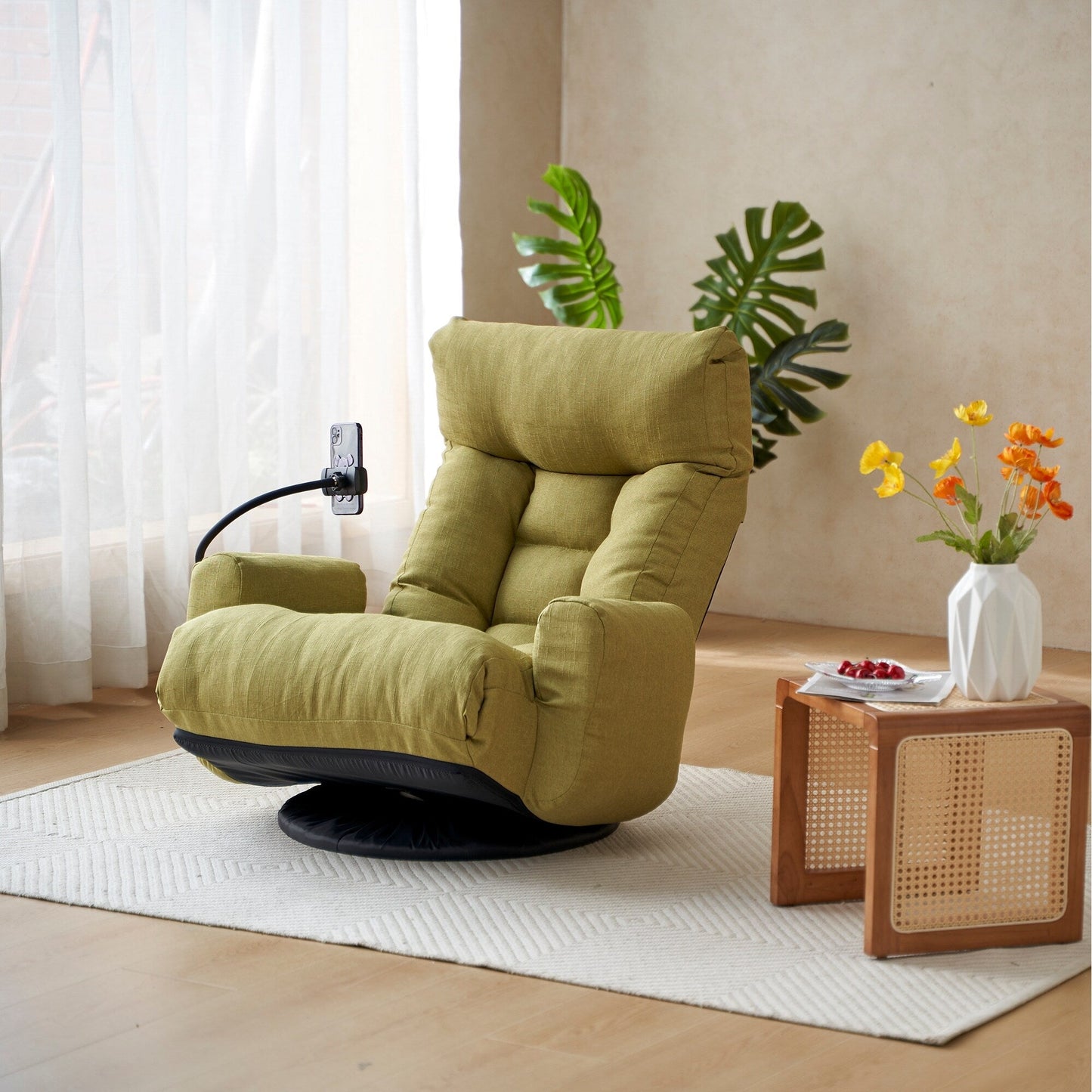 Fauteuil inclinable manuel pivotant à 360° avec support pour téléphone portable, appui-tête et dossier réglables