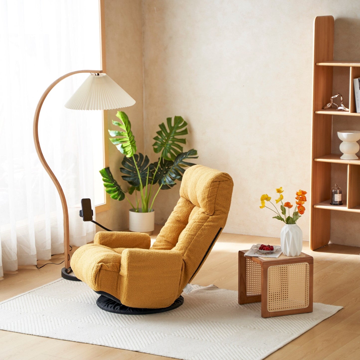 Fauteuil inclinable manuel pivotant à 360° avec support pour téléphone portable, appui-tête et dossier réglables
