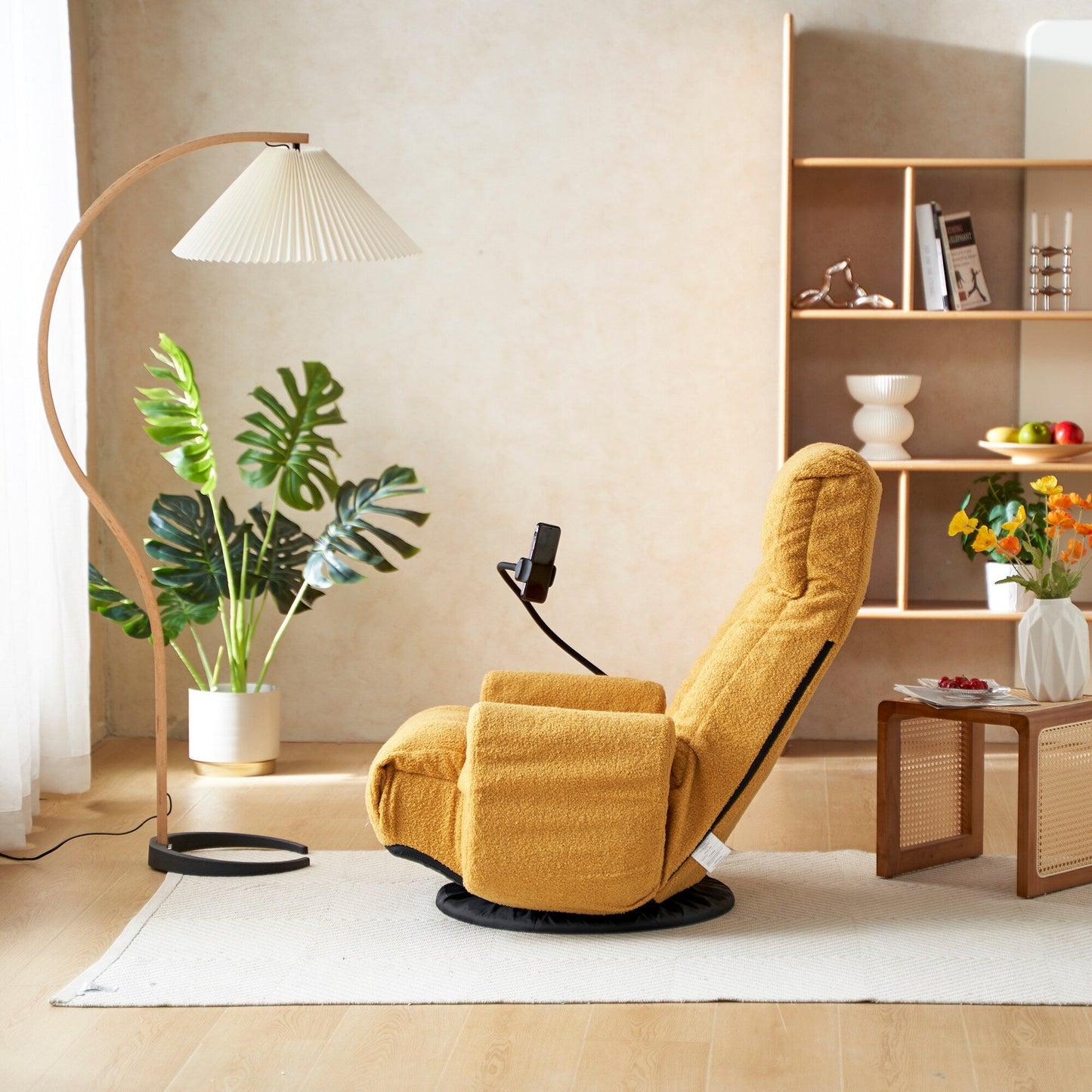 Fauteuil inclinable manuel pivotant à 360° avec support pour téléphone portable, appui-tête et dossier réglables