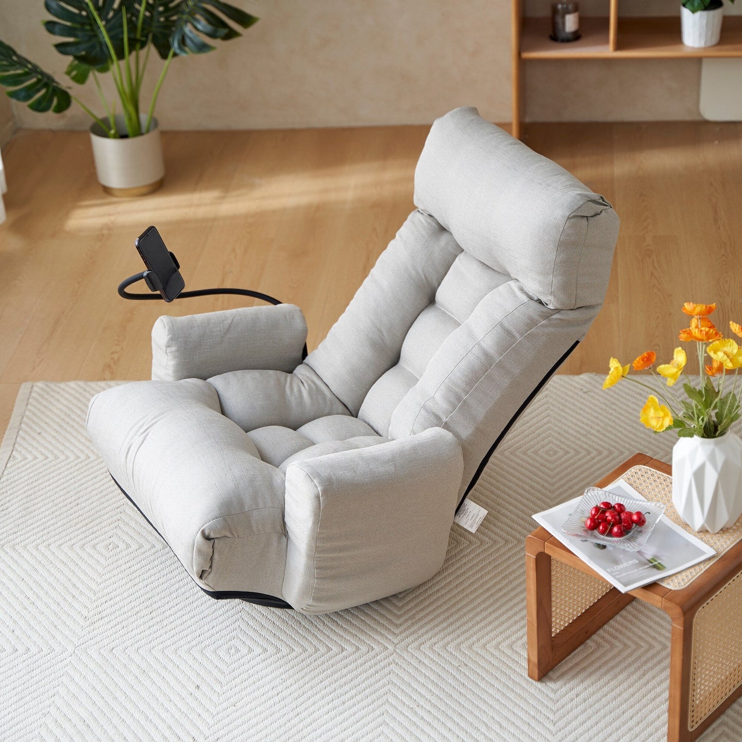 Fauteuil inclinable manuel pivotant à 360° avec support pour téléphone portable, appui-tête et dossier réglables