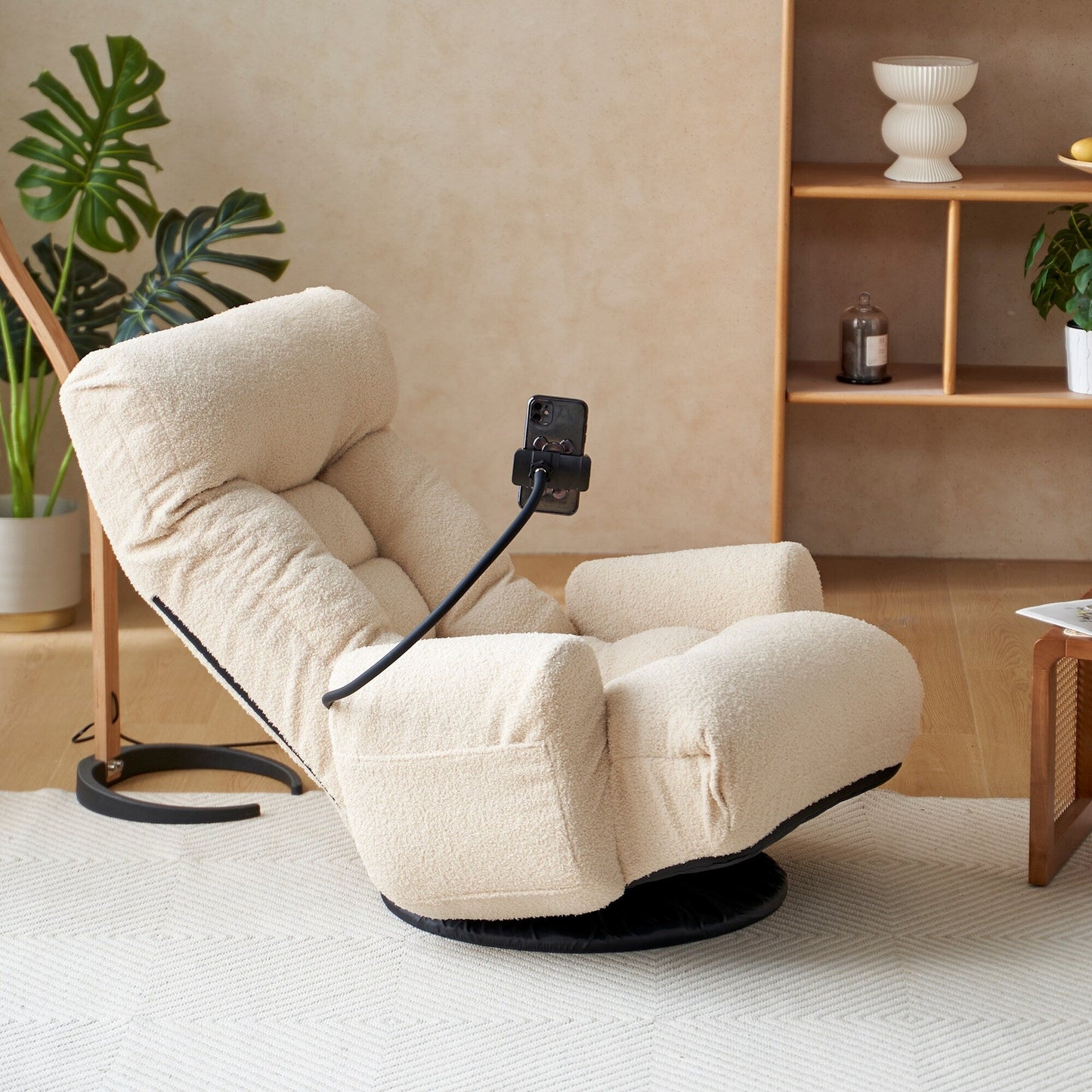 Fauteuil inclinable manuel pivotant à 360° avec support pour téléphone portable, appui-tête et dossier réglables