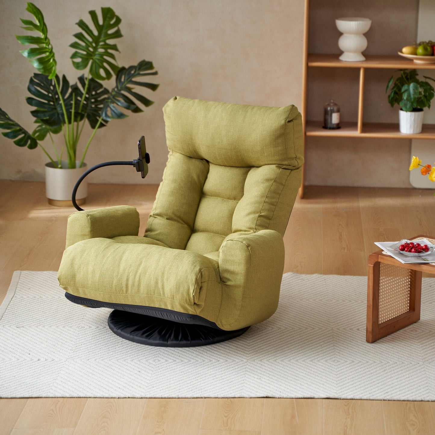 Fauteuil inclinable manuel pivotant à 360° avec support pour téléphone portable, appui-tête et dossier réglables