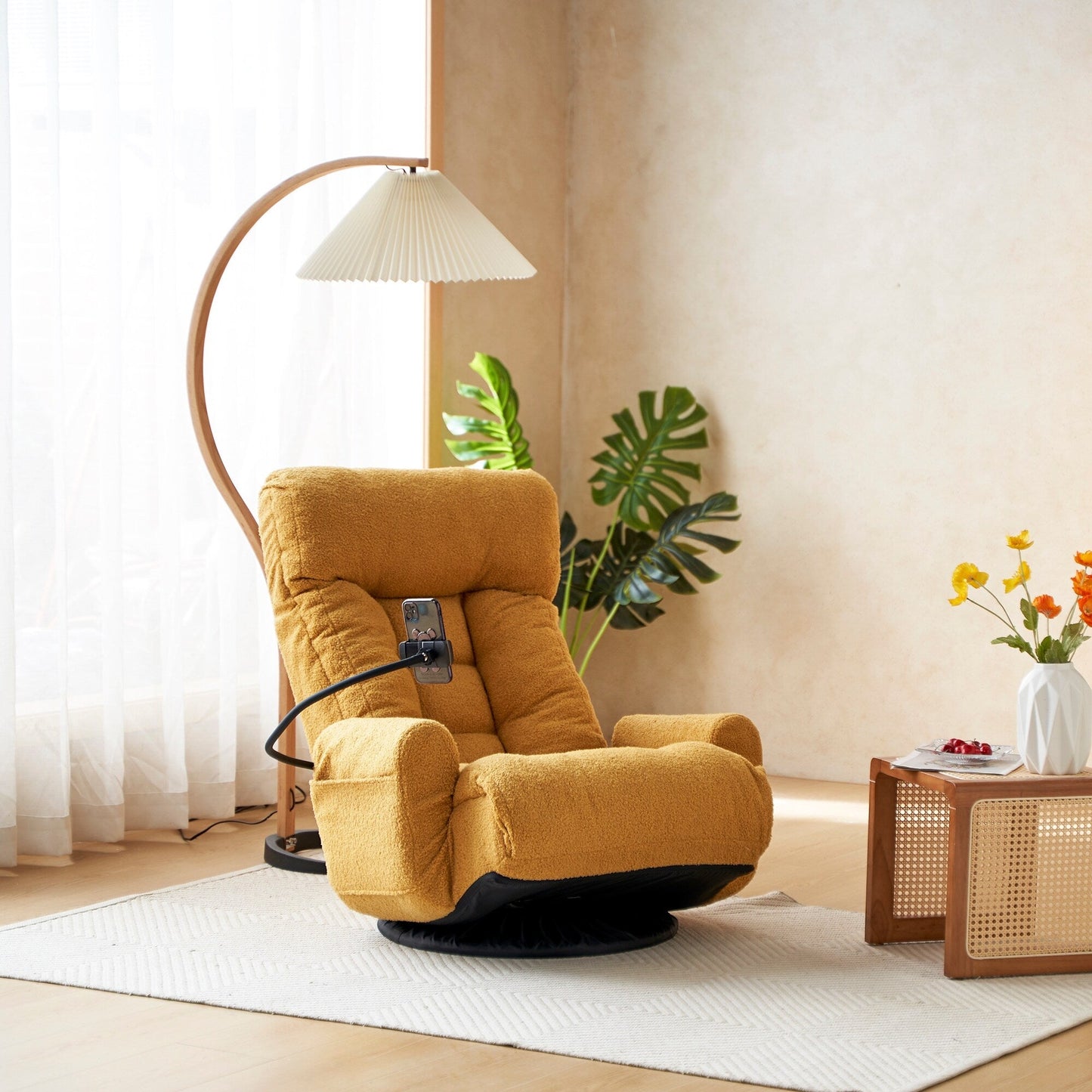 Fauteuil inclinable manuel pivotant à 360° avec support pour téléphone portable, appui-tête et dossier réglables