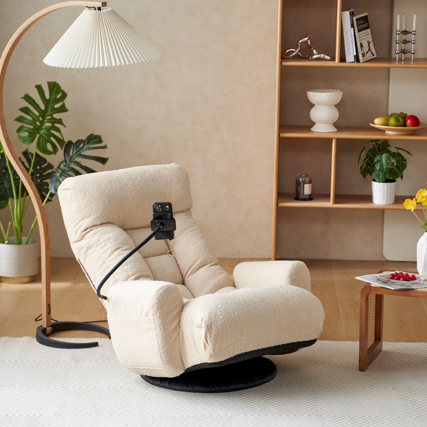 Fauteuil inclinable manuel pivotant à 360° avec support pour téléphone portable, appui-tête et dossier réglables