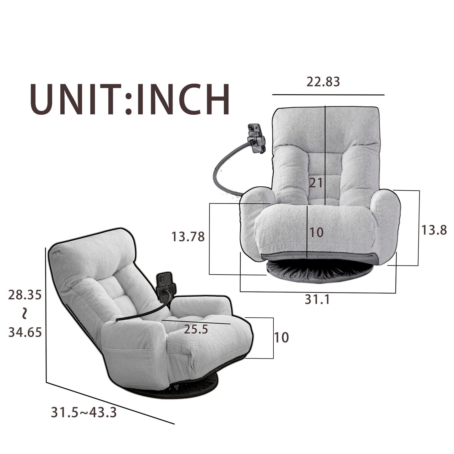 Fauteuil inclinable manuel pivotant à 360° avec support pour téléphone portable, appui-tête et dossier réglables