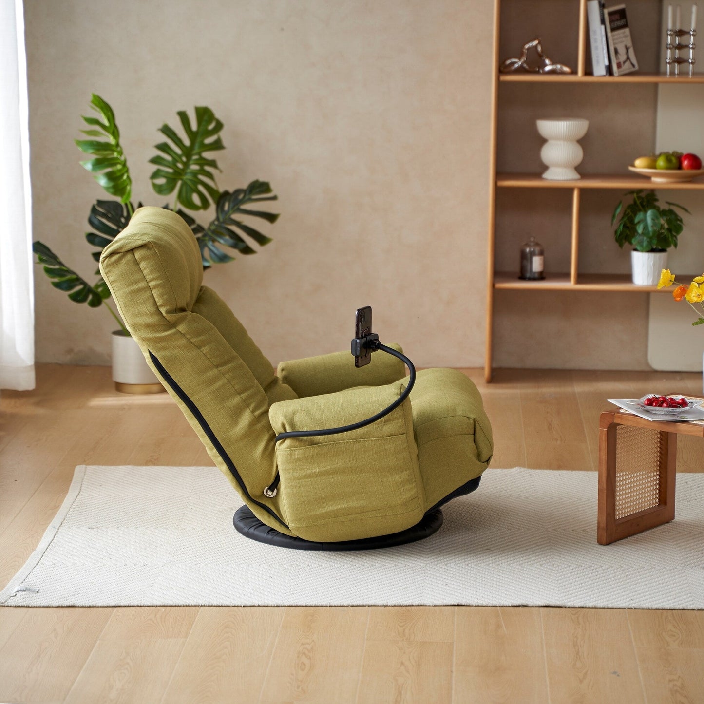 Fauteuil inclinable manuel pivotant à 360° avec support pour téléphone portable, appui-tête et dossier réglables