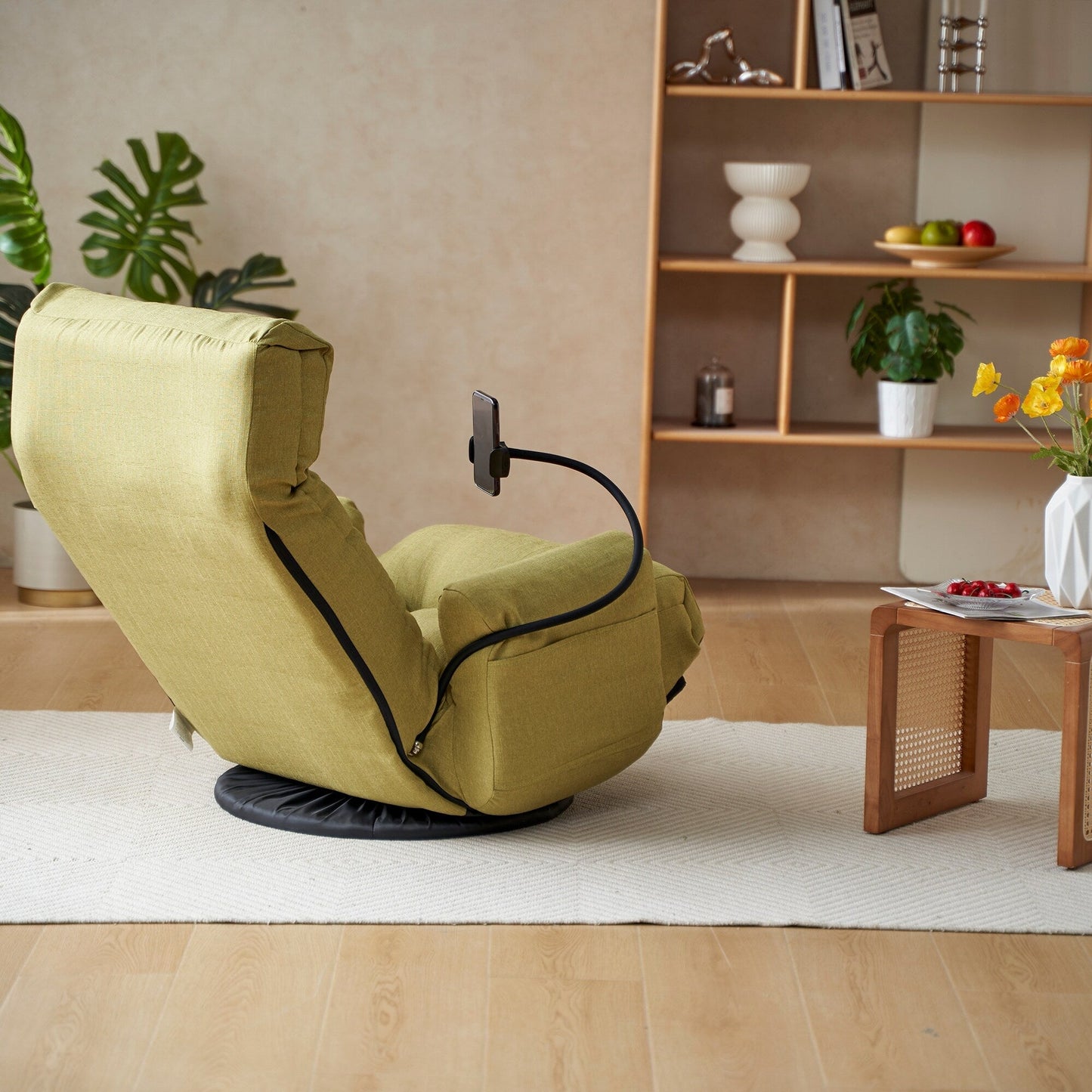 Fauteuil inclinable manuel pivotant à 360° avec support pour téléphone portable, appui-tête et dossier réglables