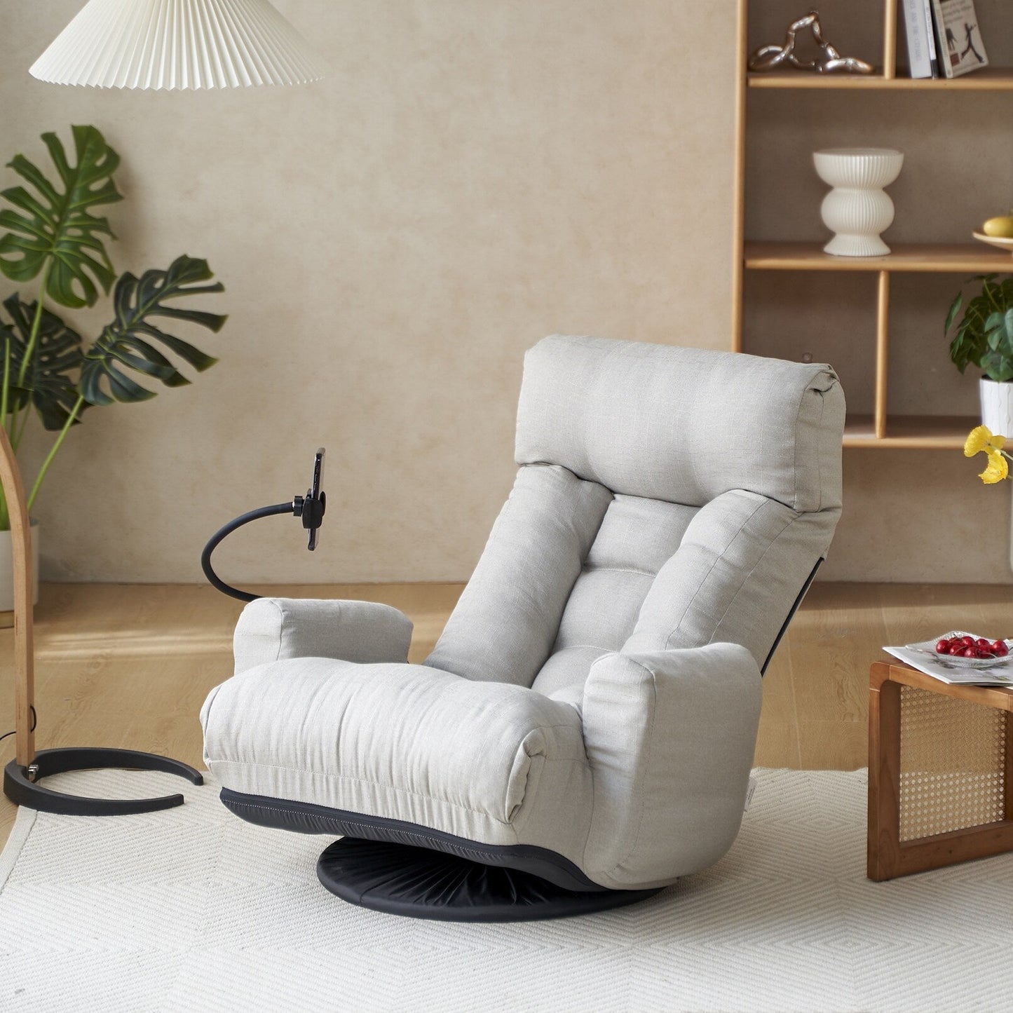 Fauteuil inclinable manuel pivotant à 360° avec support pour téléphone portable, appui-tête et dossier réglables