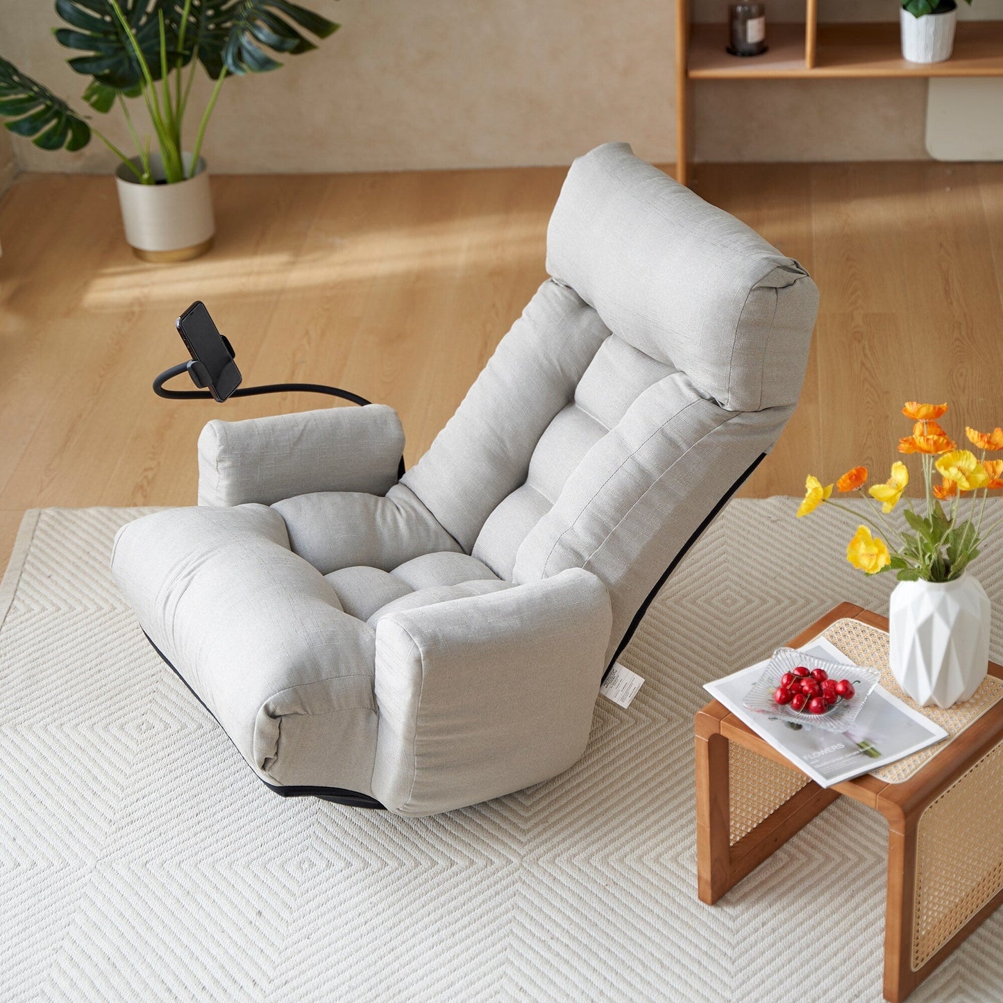 Fauteuil inclinable manuel pivotant à 360° avec support pour téléphone portable, appui-tête et dossier réglables