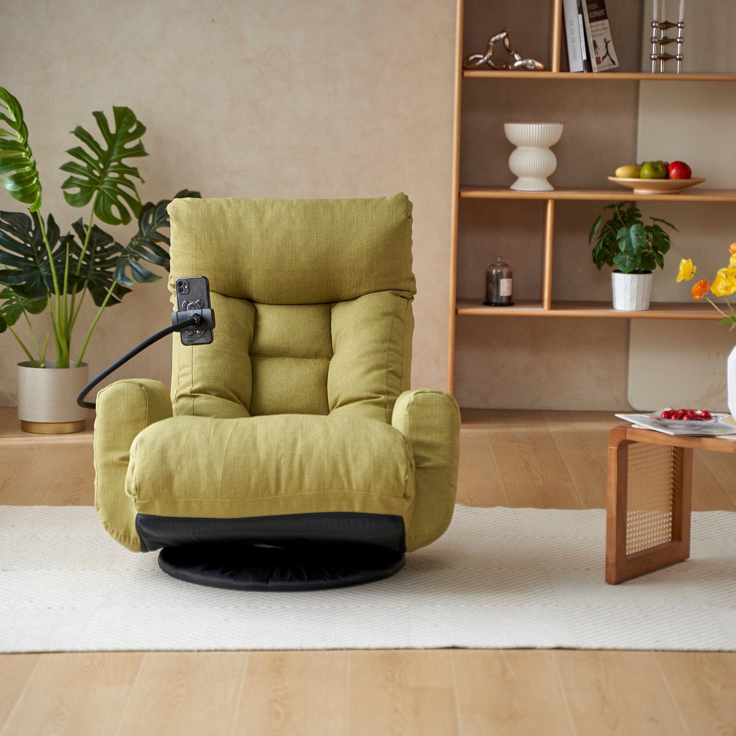 Fauteuil inclinable manuel pivotant à 360° avec support pour téléphone portable, appui-tête et dossier réglables
