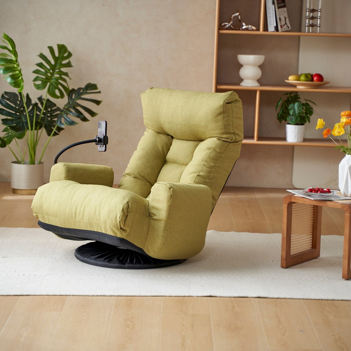 Fauteuil inclinable manuel pivotant à 360° avec support pour téléphone portable, appui-tête et dossier réglables