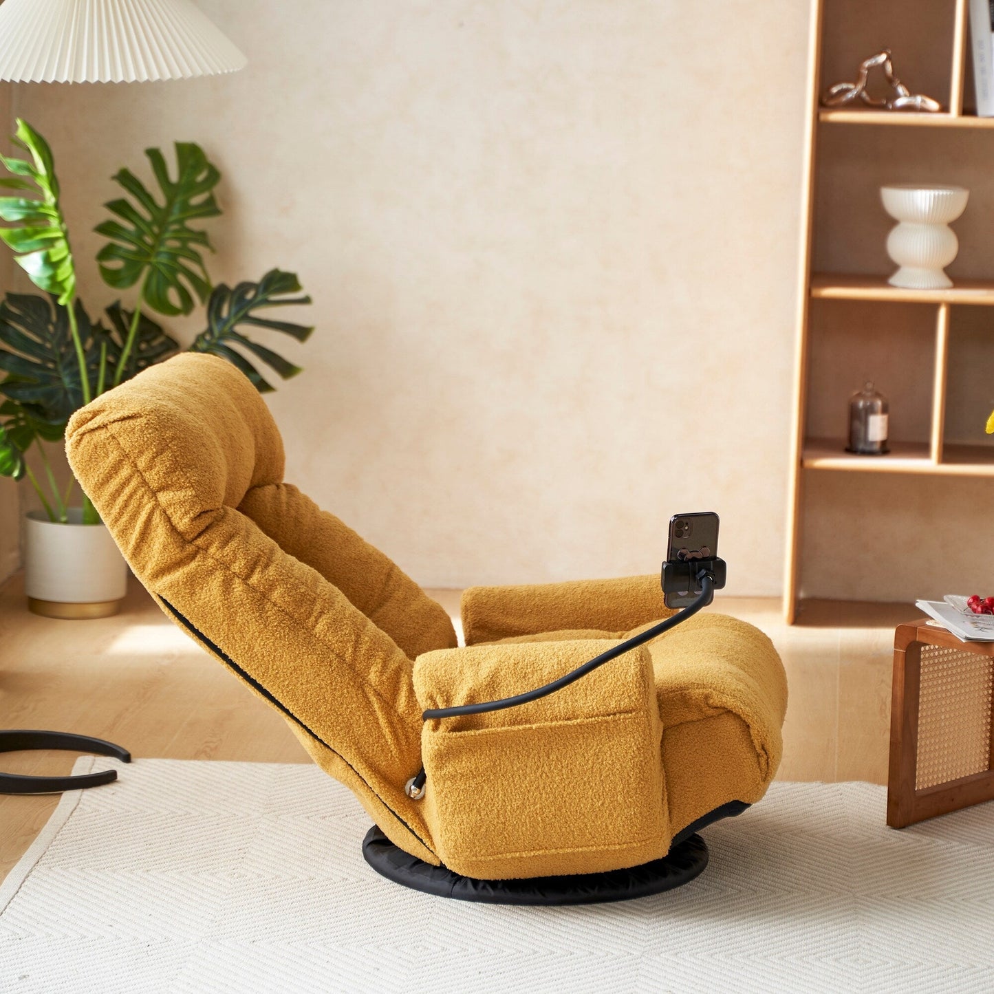 Fauteuil inclinable manuel pivotant à 360° avec support pour téléphone portable, appui-tête et dossier réglables