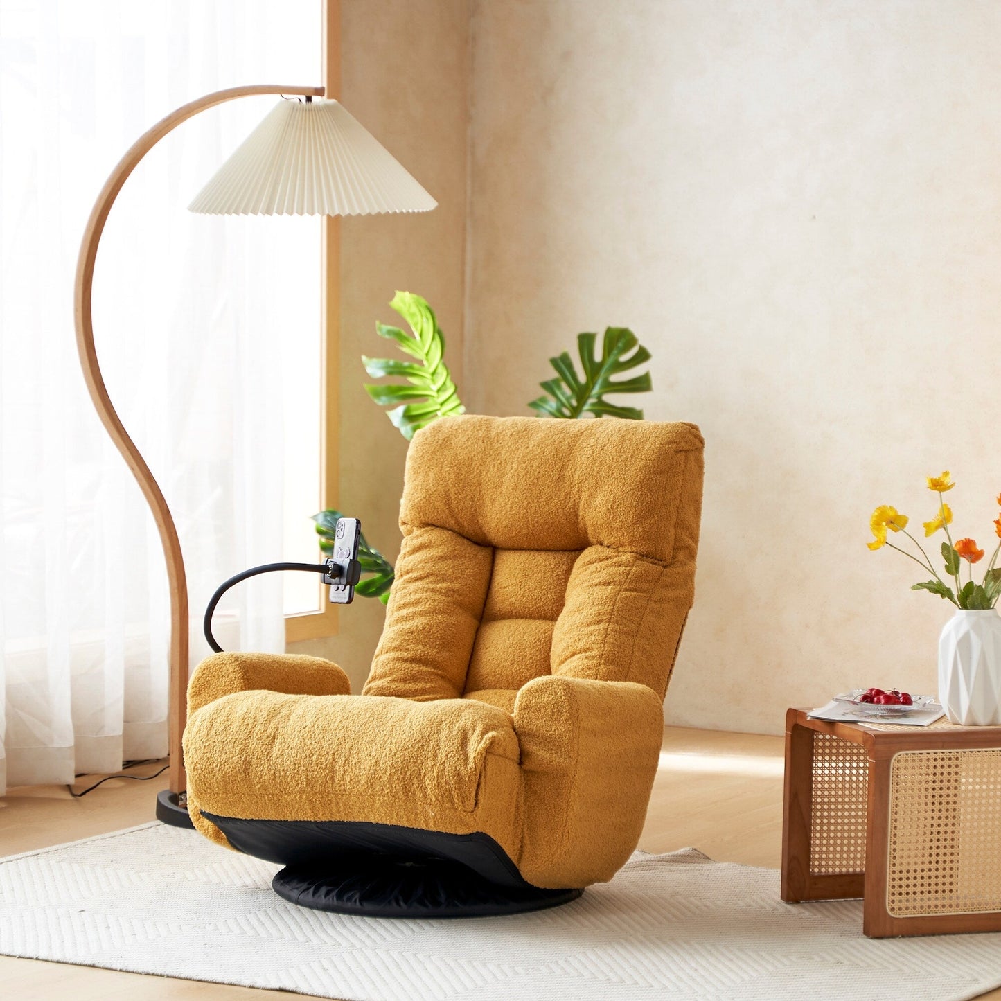 Fauteuil inclinable manuel pivotant à 360° avec support pour téléphone portable, appui-tête et dossier réglables