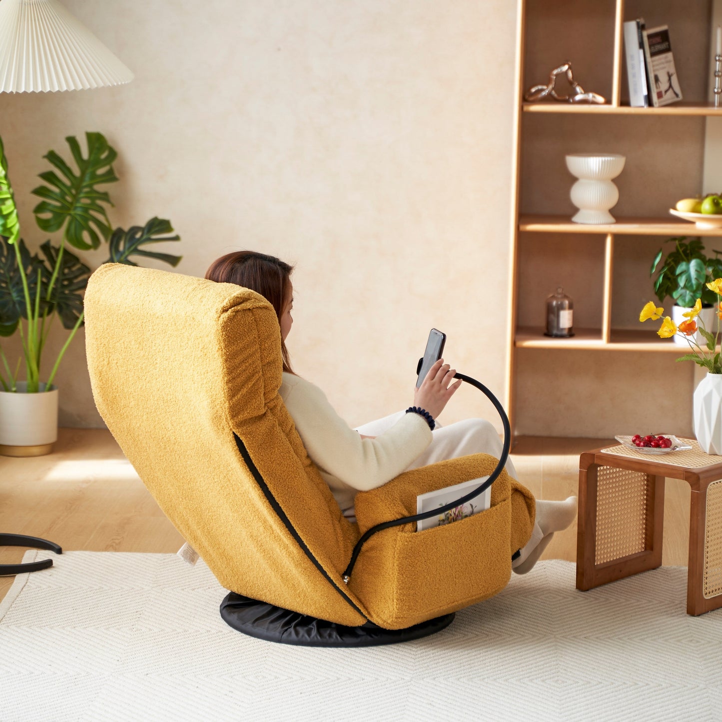 Fauteuil inclinable manuel pivotant à 360° avec support pour téléphone portable, appui-tête et dossier réglables