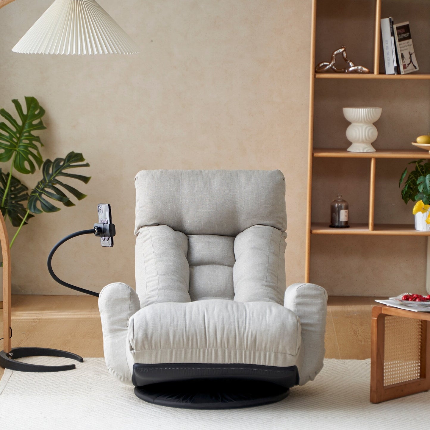 Fauteuil inclinable manuel pivotant à 360° avec support pour téléphone portable, appui-tête et dossier réglables