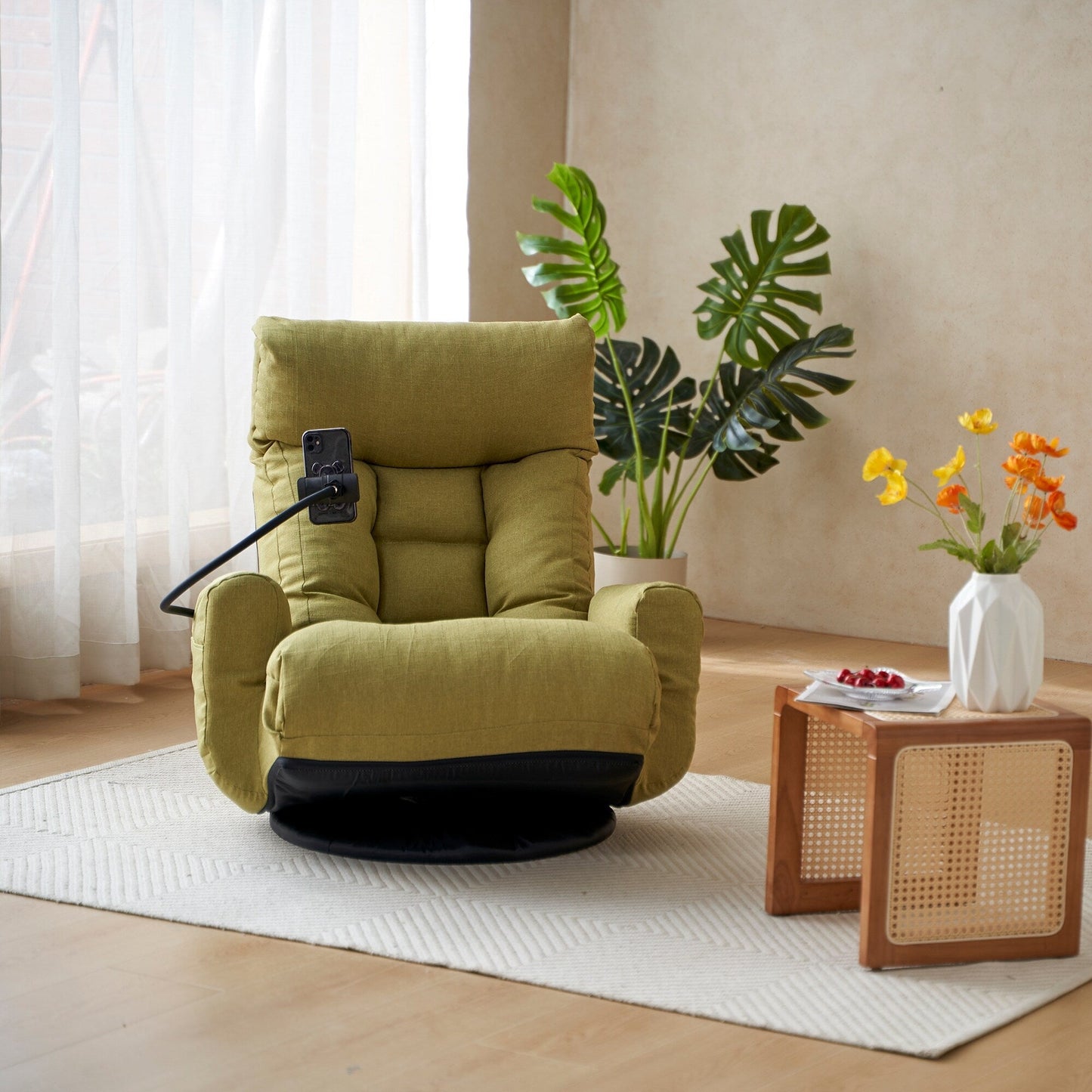 Fauteuil inclinable manuel pivotant à 360° avec support pour téléphone portable, appui-tête et dossier réglables