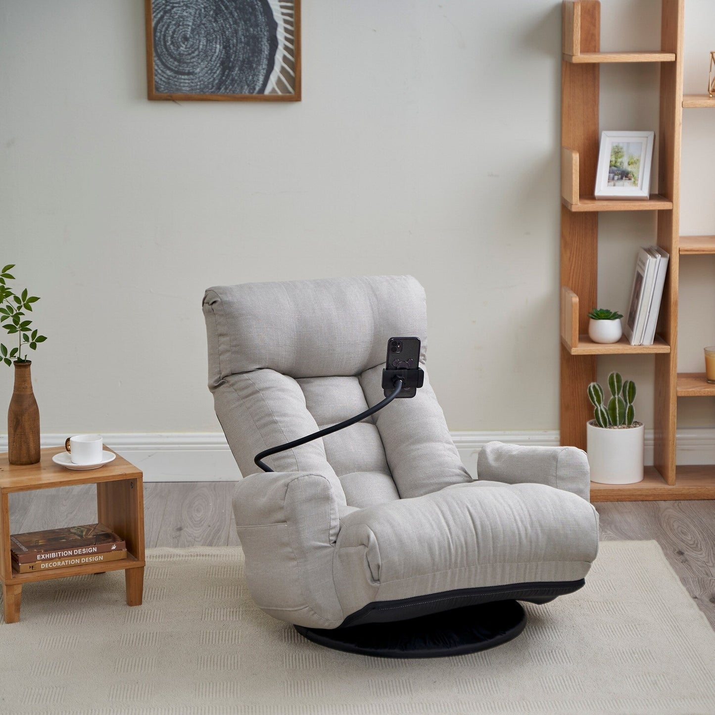 Fauteuil inclinable manuel pivotant à 360° avec support pour téléphone portable, appui-tête et dossier réglables