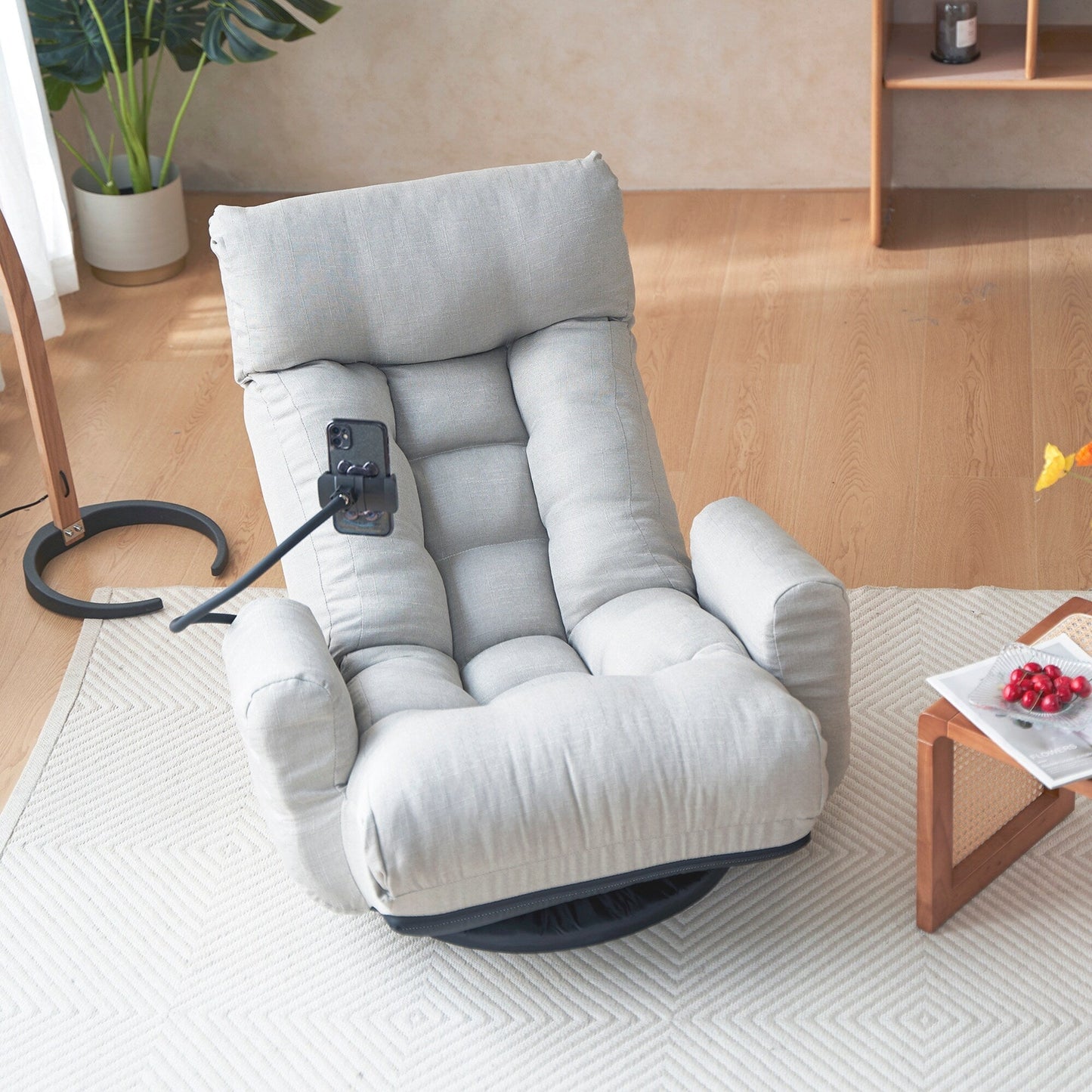 Fauteuil inclinable manuel pivotant à 360° avec support pour téléphone portable, appui-tête et dossier réglables