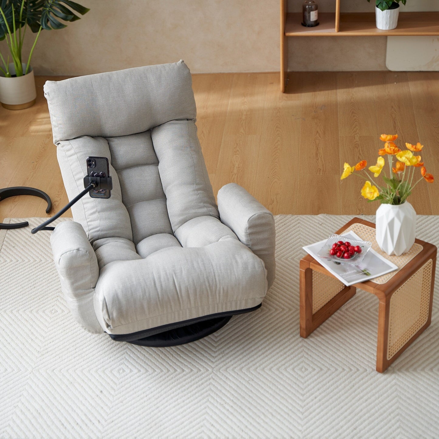Fauteuil inclinable manuel pivotant à 360° avec support pour téléphone portable, appui-tête et dossier réglables