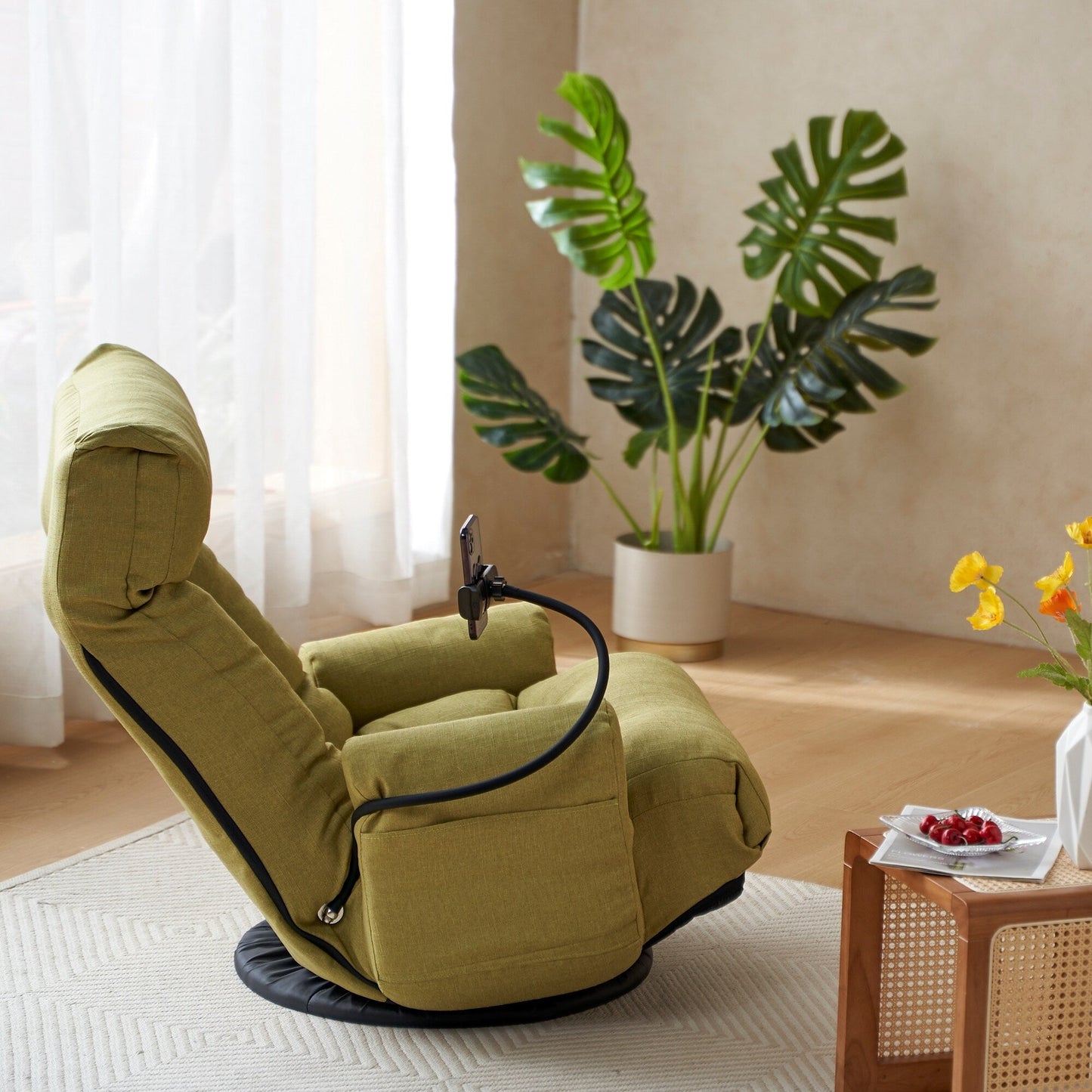 Fauteuil inclinable manuel pivotant à 360° avec support pour téléphone portable, appui-tête et dossier réglables