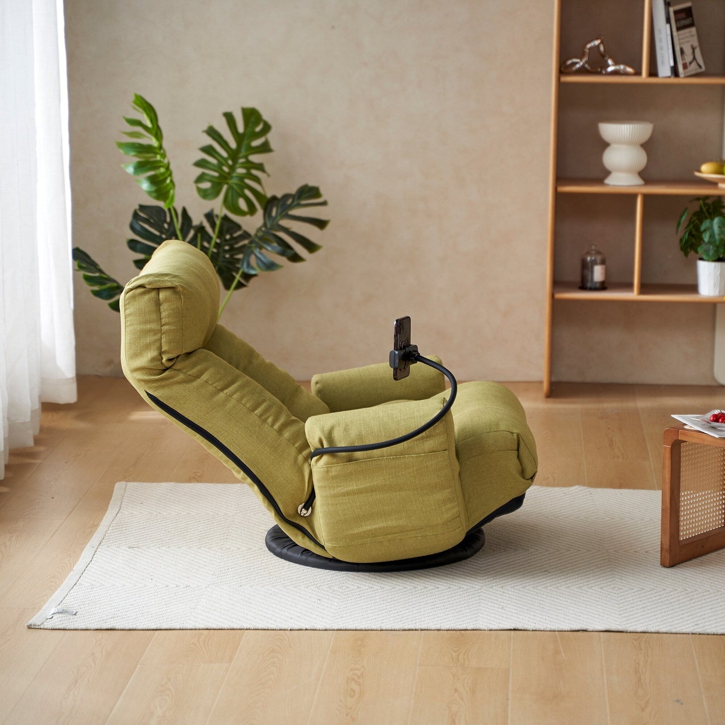 Fauteuil inclinable manuel pivotant à 360° avec support pour téléphone portable, appui-tête et dossier réglables