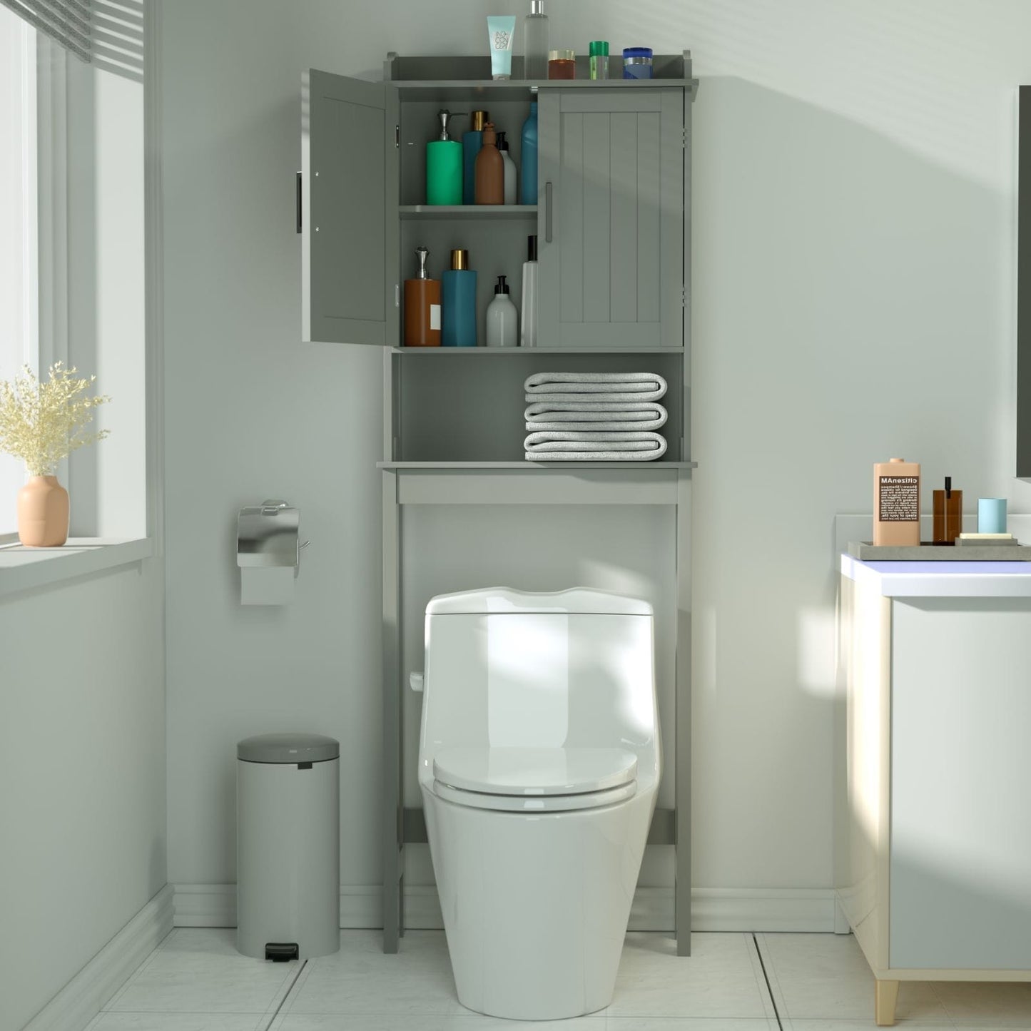 VEIKOUS Bamboo Over The Toilet Storage Cabinet Cupboard Bathroom Organizer with Adjustable Shelf and Double Doors