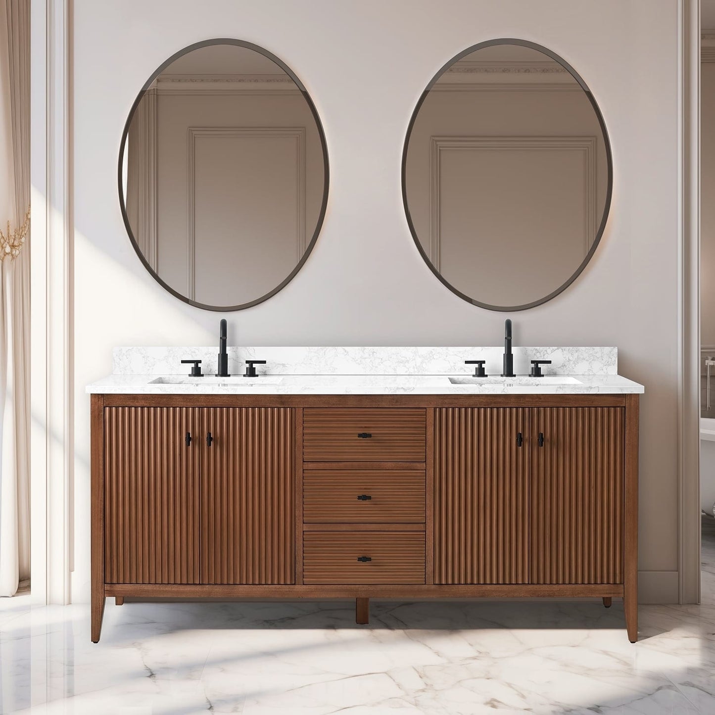 Vanity Art 72 Double Sink Bathroom Vanity Cabinet with Engineered Marble Top