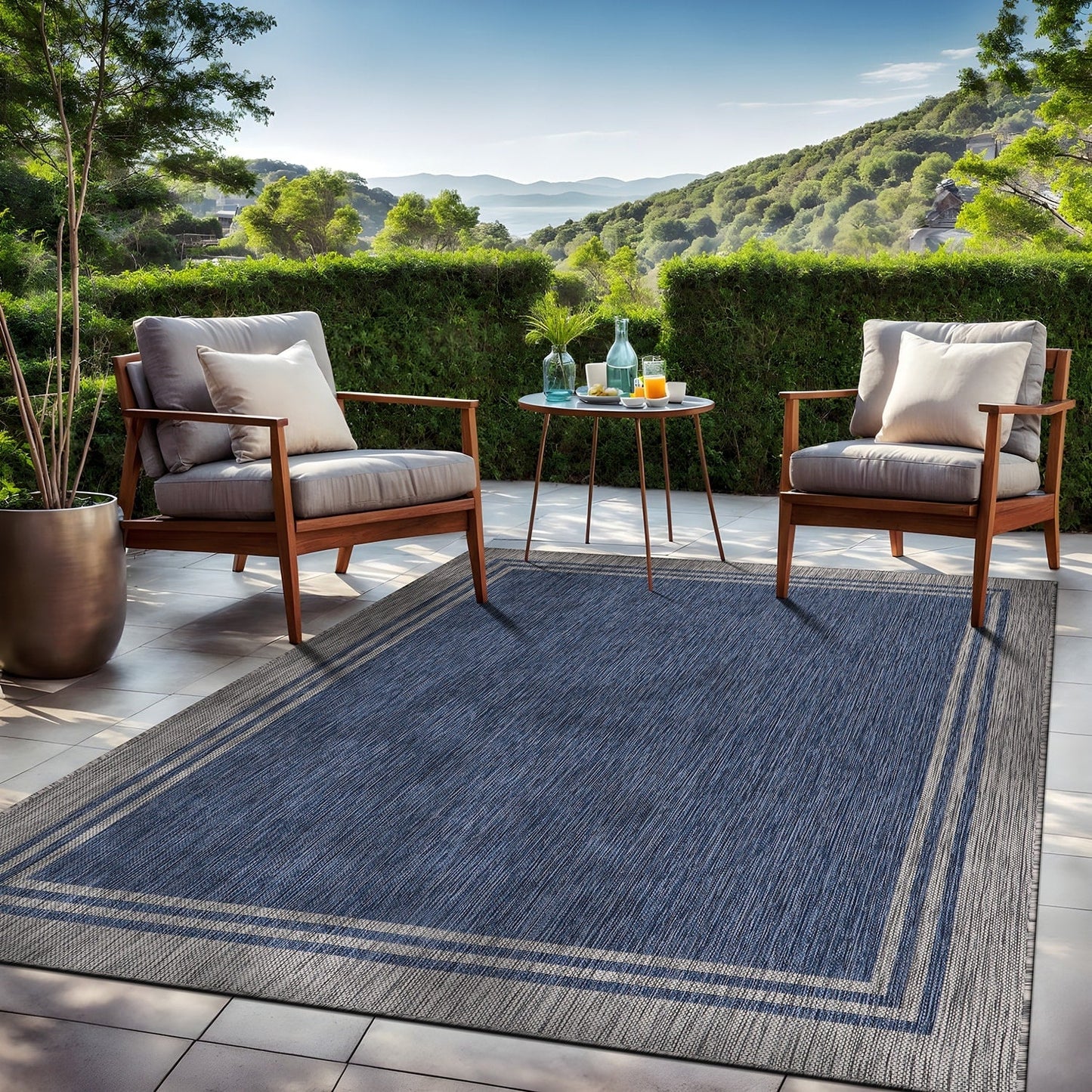 Washable Bordered Indoor Outdoor Rug for Patio, Deck, Porch
