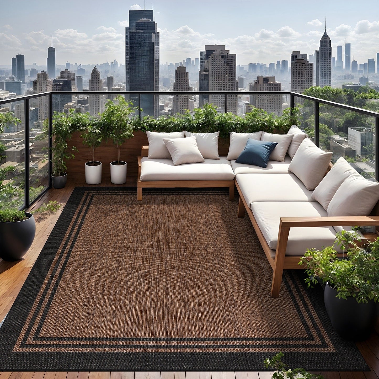 Washable Bordered Indoor Outdoor Rug for Patio, Deck, Porch