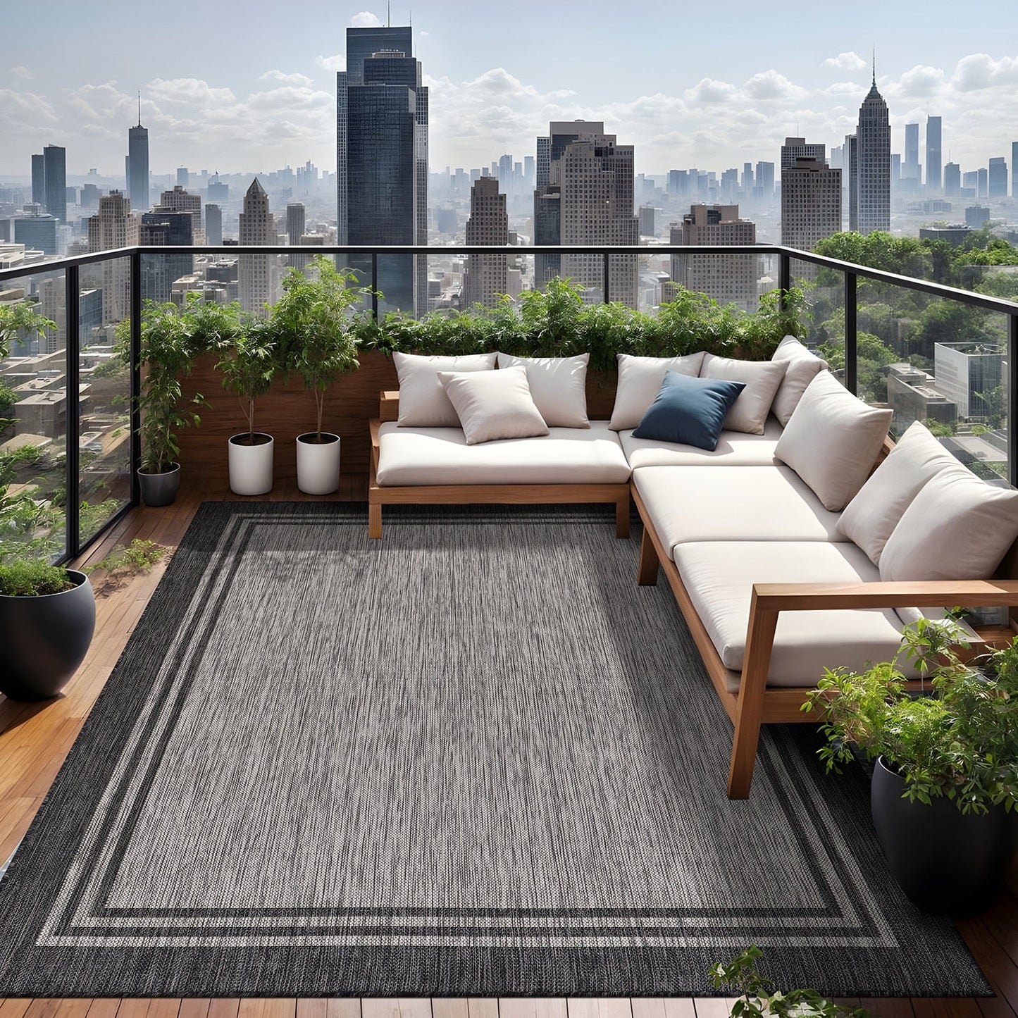 Washable Bordered Indoor Outdoor Rug for Patio, Deck, Porch